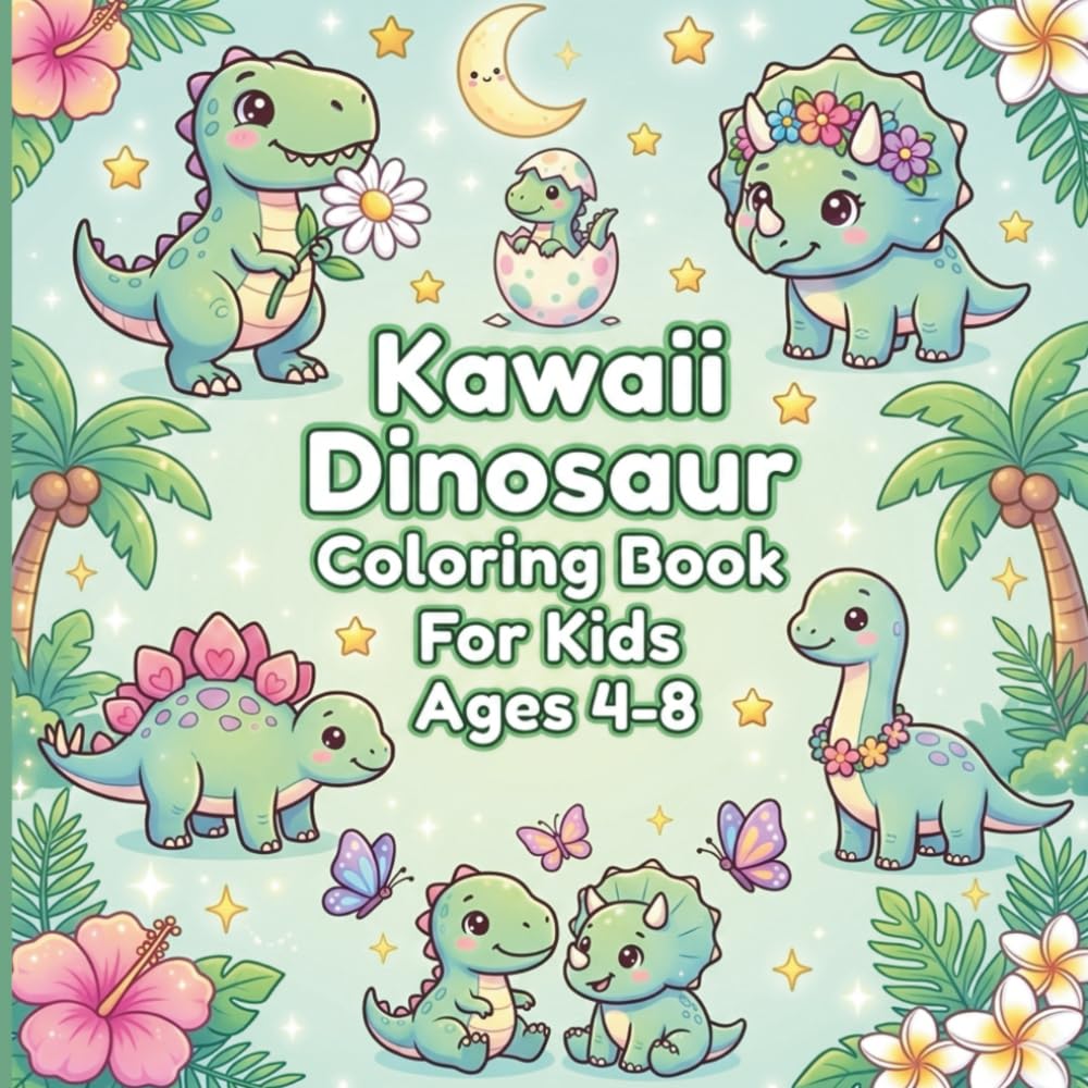 Kawaii Dinosaur Coloring Book For Kids Ages 4-8: 60 Super Cute Kawaii Dinosaur Coloring Pages For Kids Ages 4-8 Featuring Adorable T-Rex Triceratops ... Who Love Dinosaurs Large 8.5x8.5 Easy inches