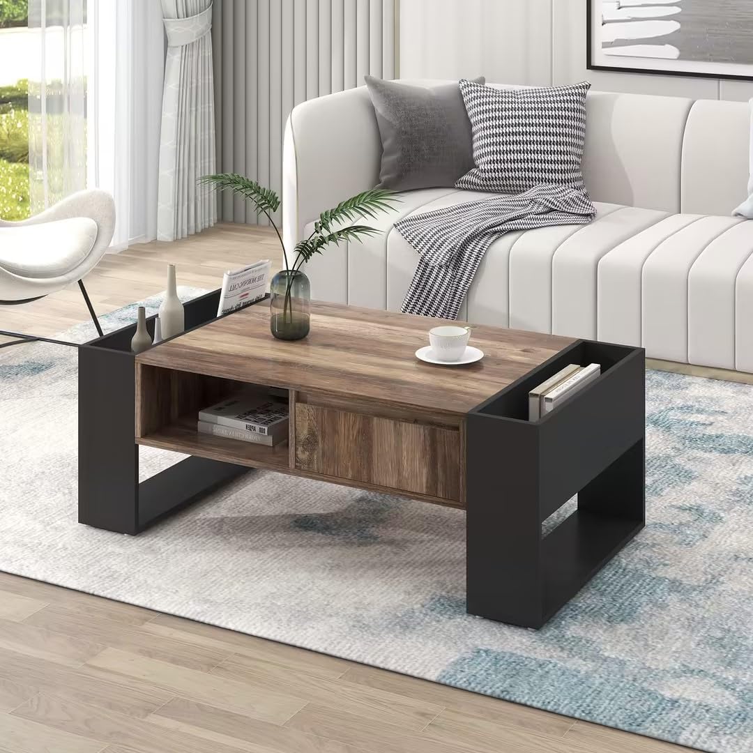 BTM Wooden coffee table with a Drawer, Coffee Table for Living Room with Storage, a storage compartment and a back compartment, double sided storage, large storage space.
