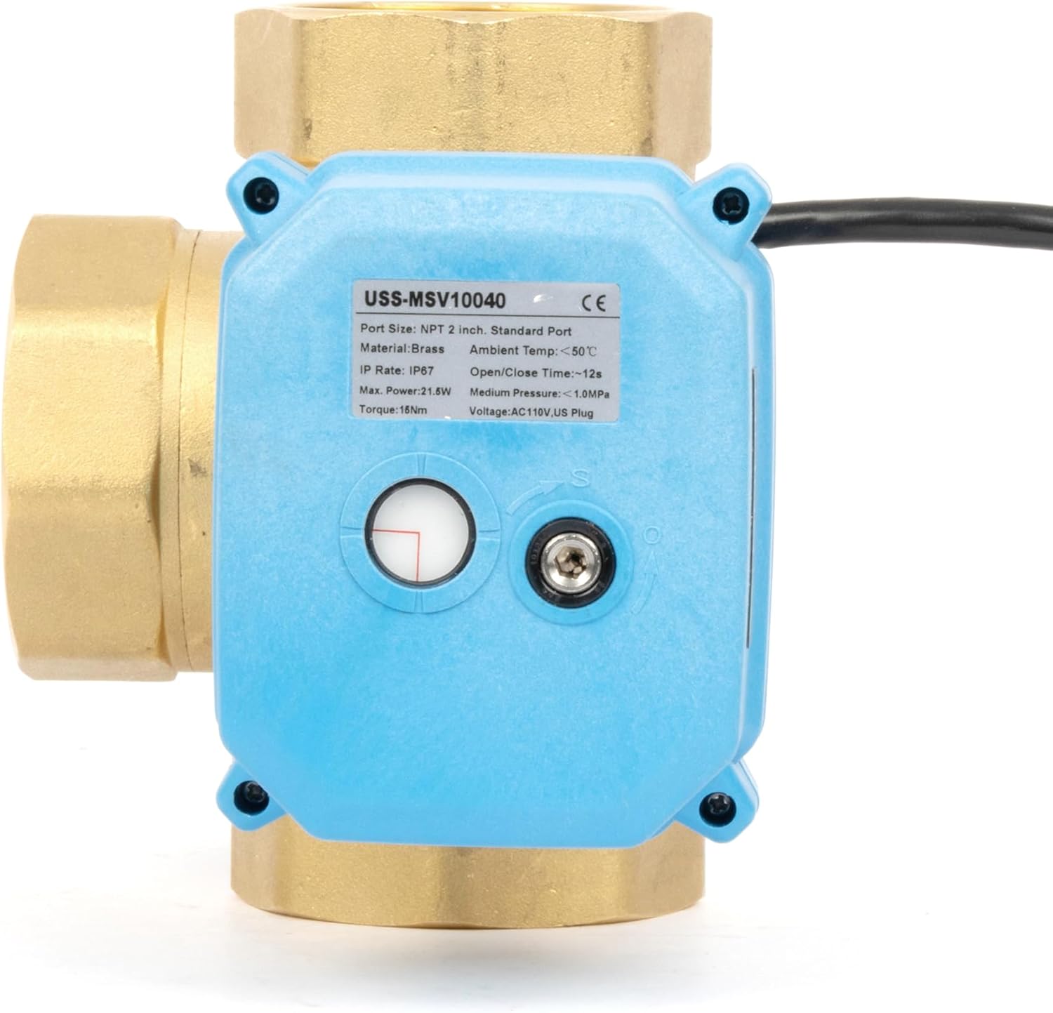 U.S. Solid 3 Way 2'' Brass Motorized Ball Valve AC 110V - 3-Way Valve with US Plug Manual Function - Heavy Duty Multipurpose L Type Water Shutoff - Standard Port