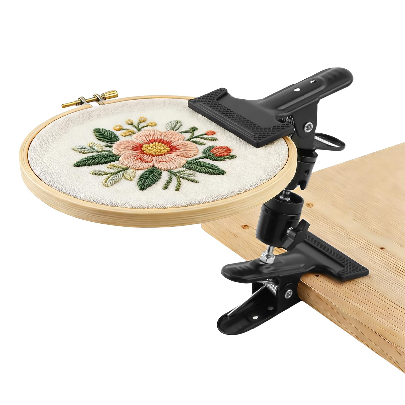 Photo 1 of Portable Metal Embroidery Hoop Stand Holder, Adjustable 360° Rotated Cross Stitch Lap Stand with Soft Rubber Protection, Adjustable Position for Most Embroidery Needlework Hoops