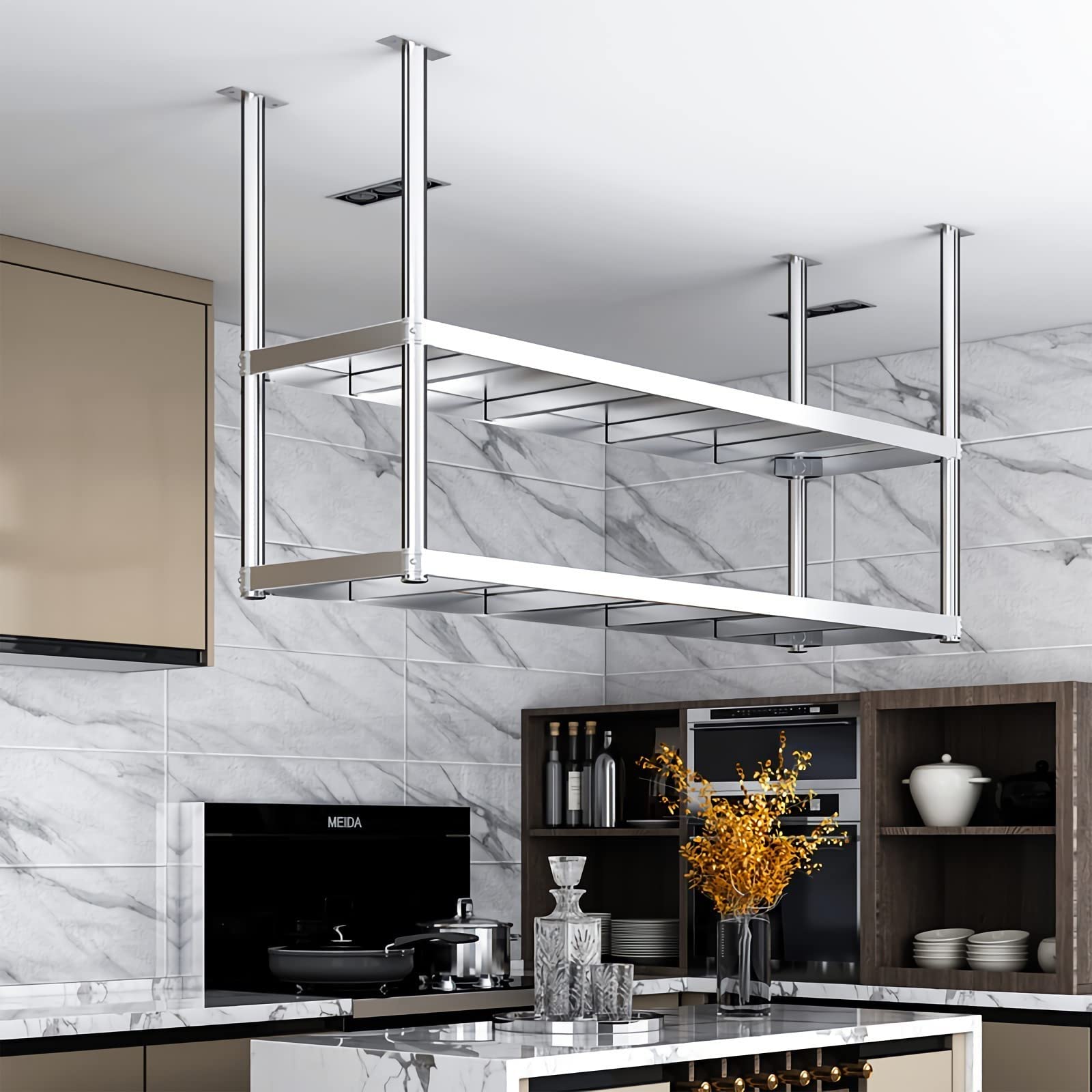 Casier à vin de plafond en acier inoxydable à 2 niveaux pour cuisine