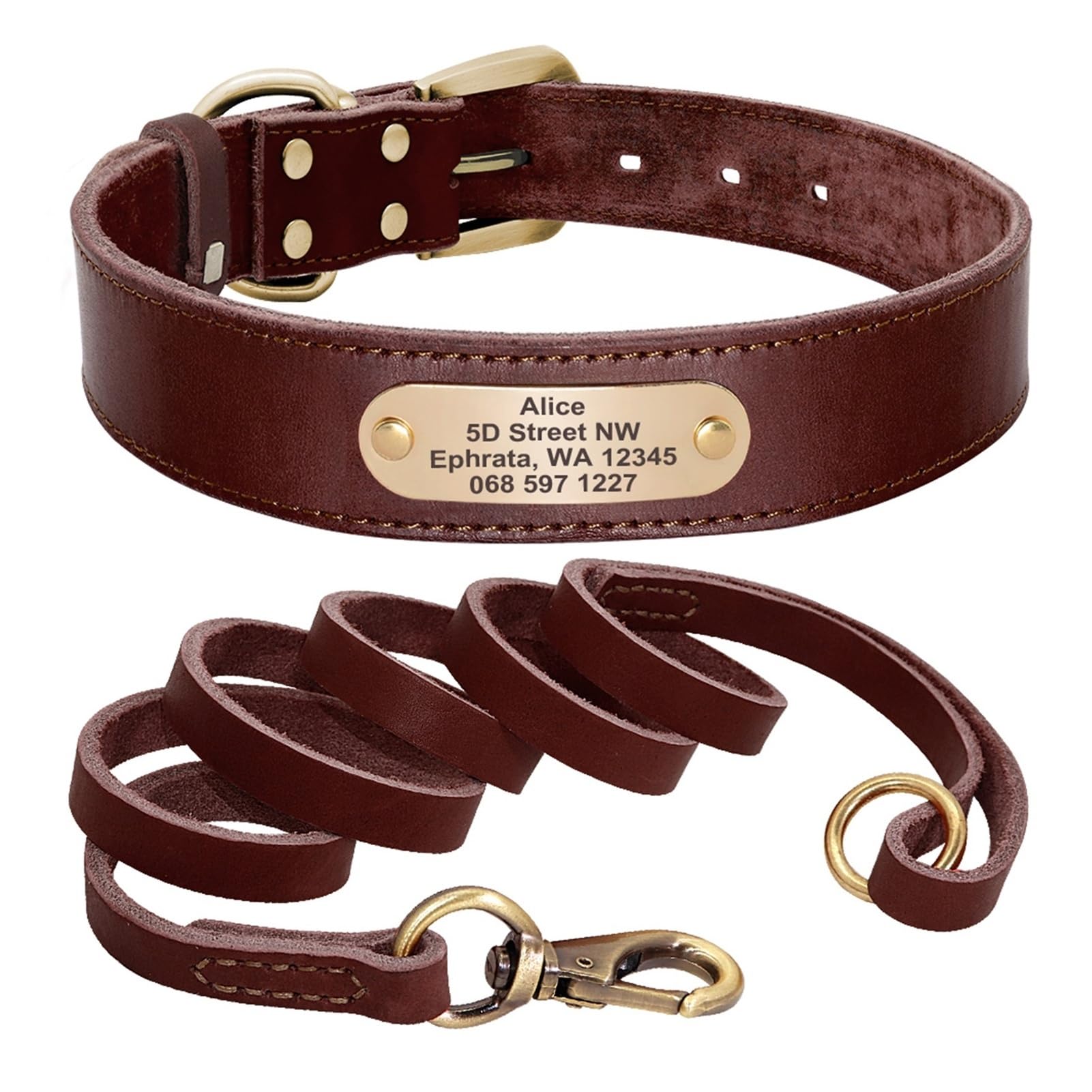 Juego de correa de cuero personalizada para collar de perro, correa de collar para mascotas, placa de identificación grabada para perros pequeños, medianos y grandes (marrón, M (35,5-45,5 cm)