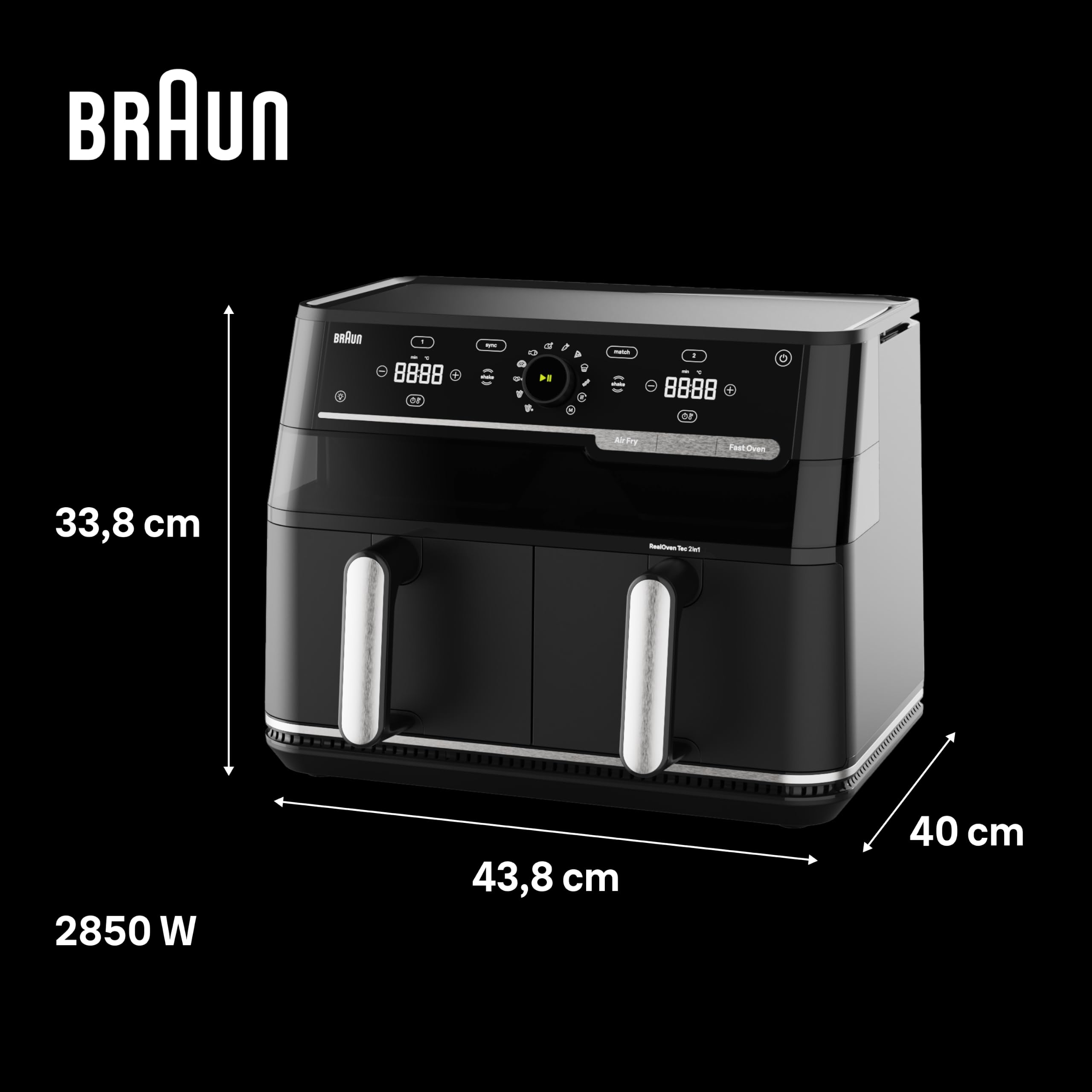 Braun TwinCook 5 - Freidora de Aire de Doble Cesta 10 L, Air Fryer Grande con Función Horno de Aire, Sync & Match, 15 Programas, Cocina sin Aceite, Fácil de Limpiar, 2850 W, Negra (TD 5053I BK)
