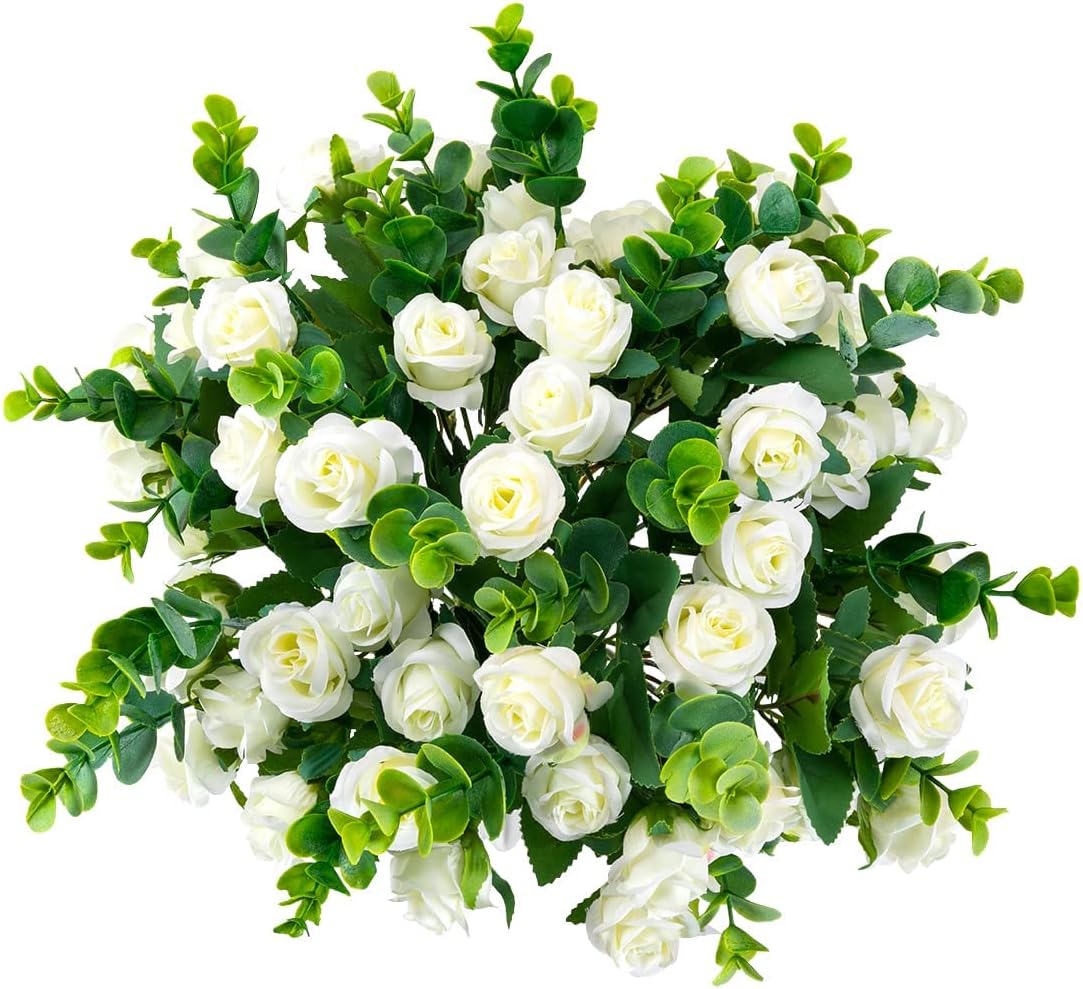 Artificial Flowers Fake Silk Rose for Decoration 33 Heads Small Roses Blooming Faux Flower Bouquet with Stem for DIY Vase Home Wedding Party 3 Pack White