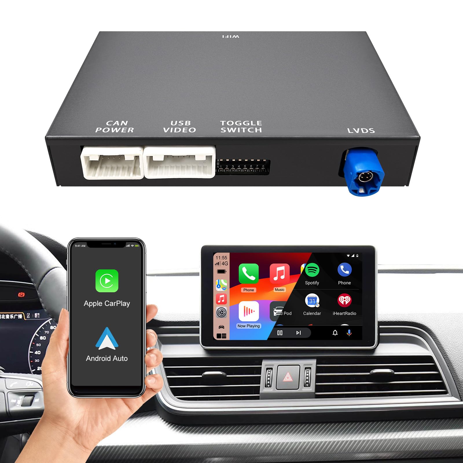 Wireless CarPlay & Android Car Adapter for Audi A4/A5/A6/A7/Q2L/Q5L/Q7 2014-2022 with MIB/MMI 3G Plus System, Wireless Upgrade Box for 7 Inches/8.8 Inch OEM Screen Plug & Play Retrofit