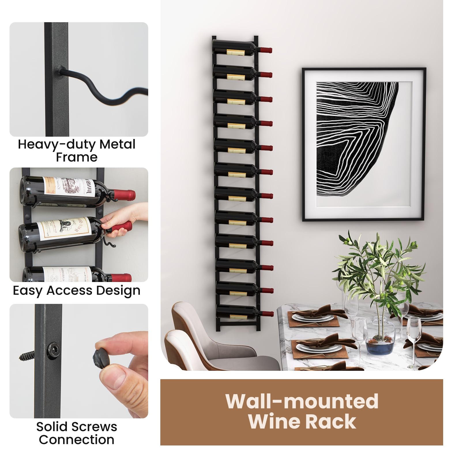 KOMFOTTEU Botellero Vino de Pared para 6/9/12 Botellas, Portabotella Metálica Vertical, Estante Colgante Decorativo para Vino, Organizador de Botellas para Cocina, Comedor, Bar (12 Botellas)