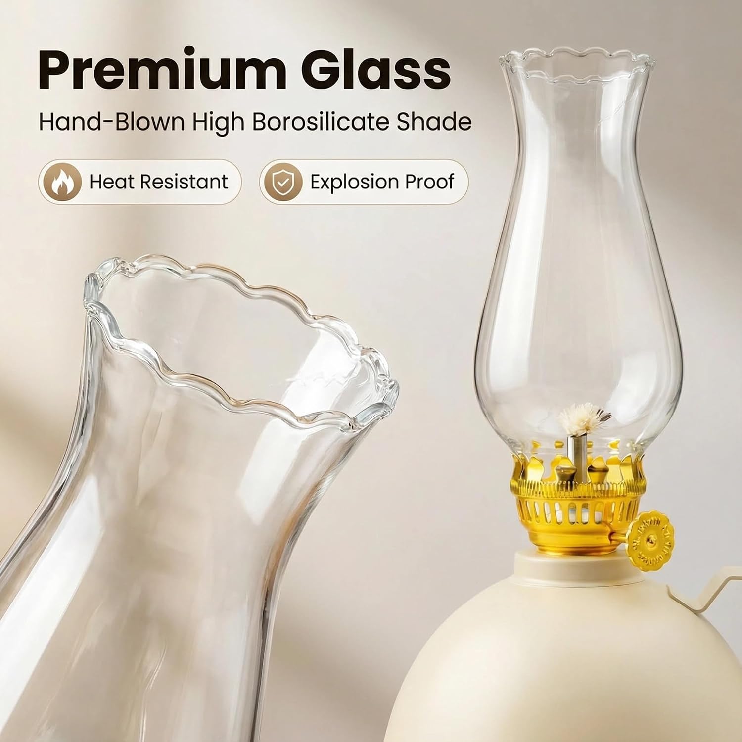 Vintage Glass Oil Lamp, Retro Kerosene Hurricane Lantern with Metal Base, Farmhouse Decorative Table Lamp for Indoor Home Decor, Camping & Emergency Lighting(Cream)