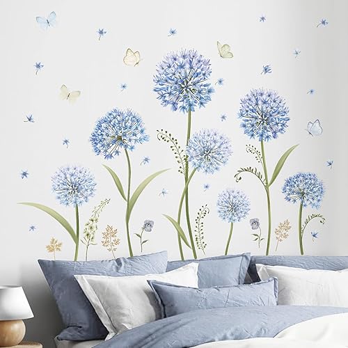 Miniatura 3 de decalmile Calcomanías de pared de flor de diente de león azul, calcomanías de pared con diseño de mariposa floreciente para dormitorio, sala de