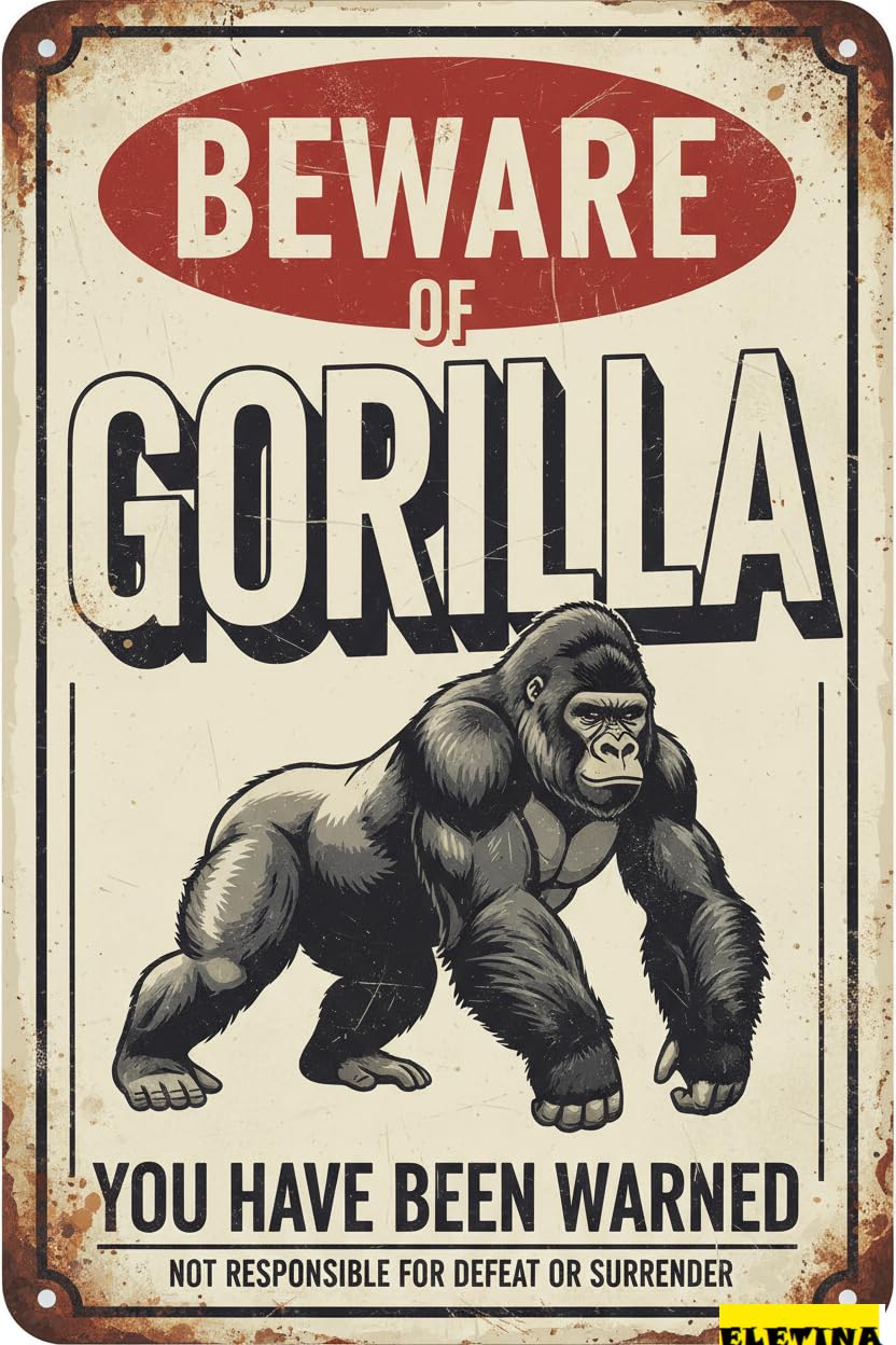 Beware Of Gorilla Warning Tin Sign, 8x12 Inch