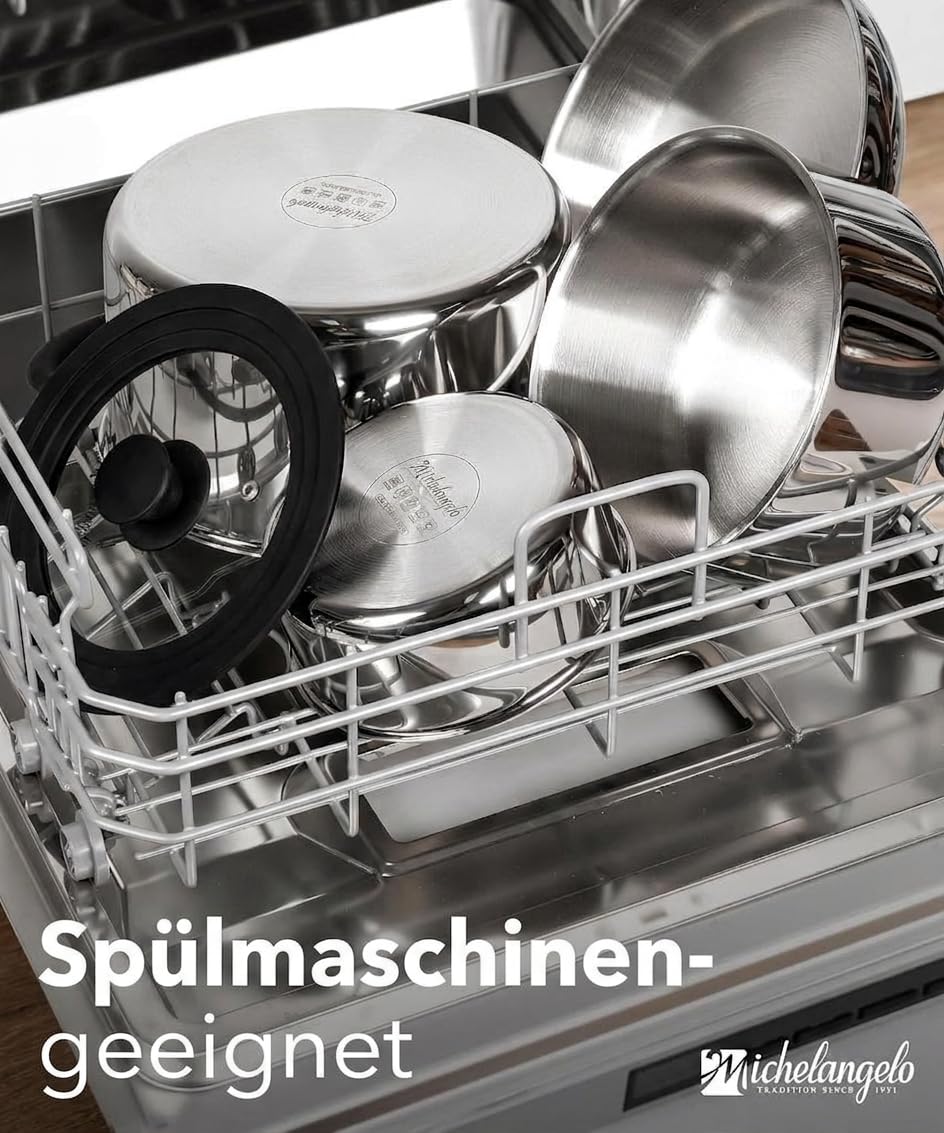 MICHELANGELO 14-teiliges Topfset Induktion, Edelstahl, abnehmbare Griffe | Stapelbares Kochgeschirr Set | Durchgehend 3-lagig | Platzsparend für Camping & Wohnmobil | Topf- und Pfannenset