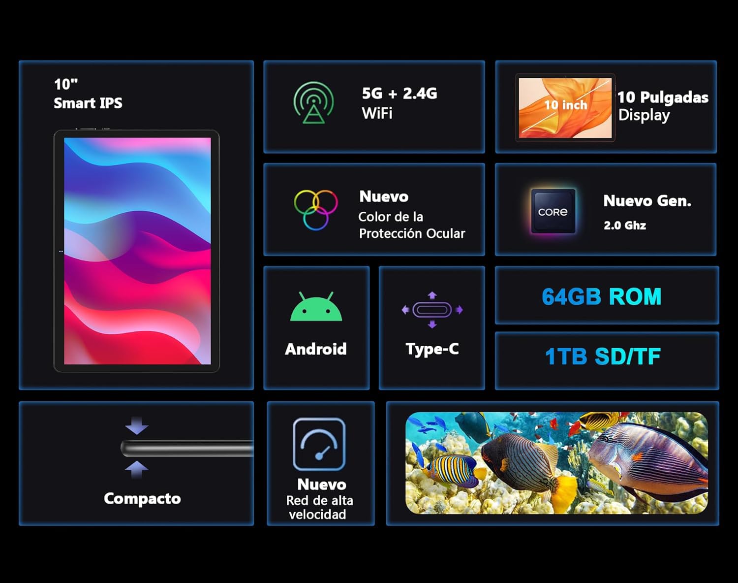Dghrti Tablet Android de 10 Pulgadas, 4 GB RAM + 64 GB ROM, WiFi, Bluetooth 5.0, GPS, Doble cámara de 8MP + 5MP, Táctil HD, con Funda - Negro 2 718lDWp0AAL
