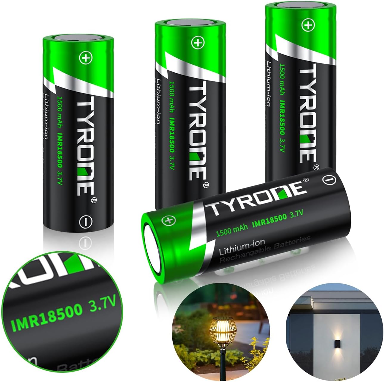 tyrone 18500 Rechargeable Battery, 3.7V 1500mAh Lithium Batteries for Flashlight, Solar Garden Light with Flat top 4 Pack