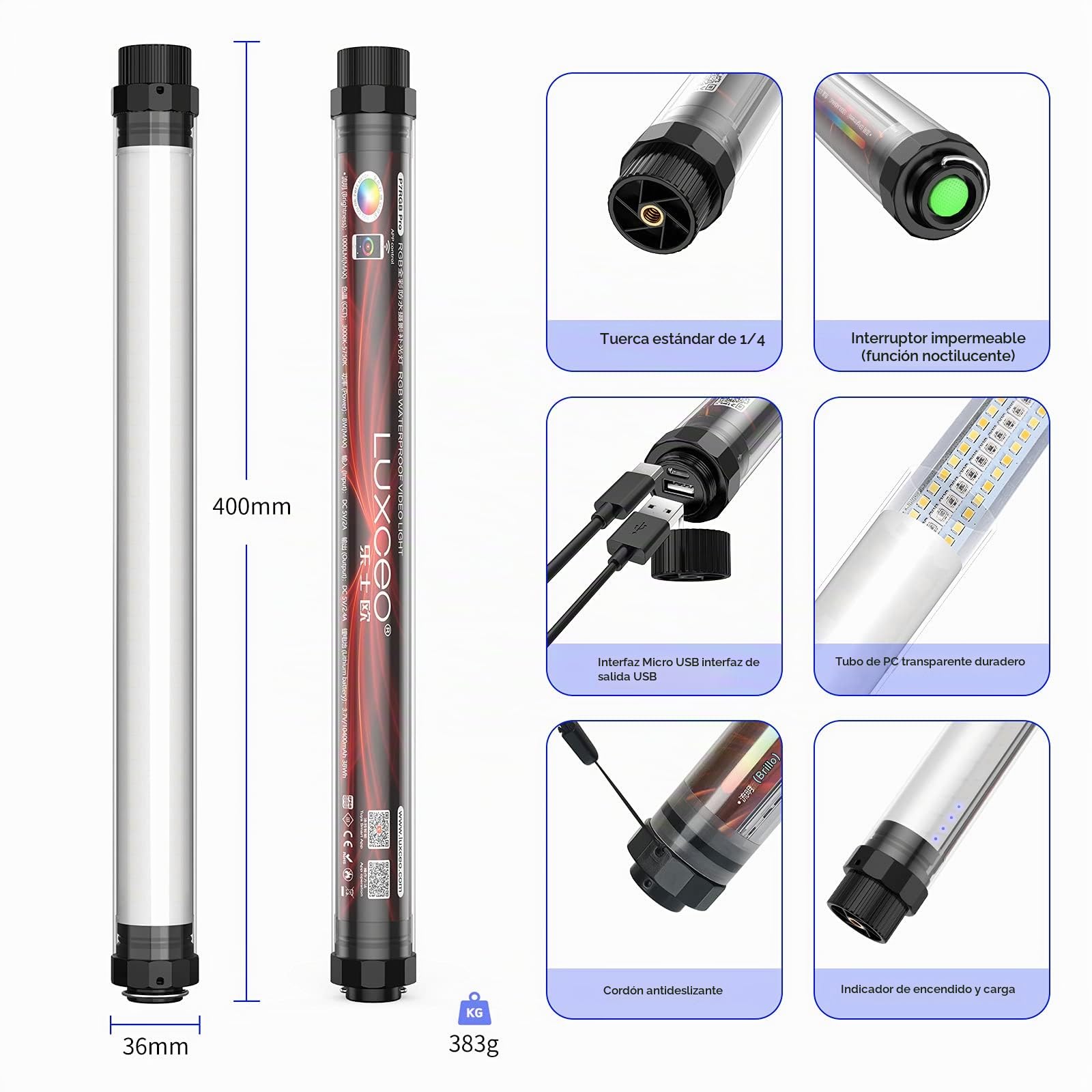 LUXCEO P7RGB Pro LED Luz fotografía,Tubo de Luz Impermeable IP68 con Control Remoto,3000-5750K,CRI95+,1000Lm,10400 mAh,Tubo de luz RGB de Color Completo Soporte de Control de aplicación