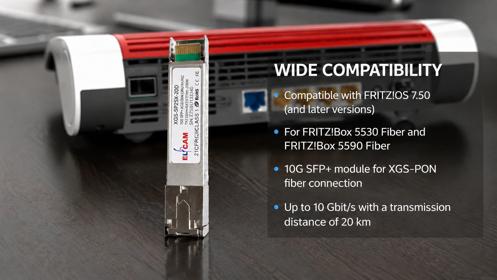Elfcam - Módulo Transceptor 10Gb XGS-PON para Fritz!Box 5530/5590 Fiber – SFP+ Óptico, Alcance 20 km, Compatible con Fritz!OS 7.50+, SC/UPC SM, TX1270nm/RX1577nm
