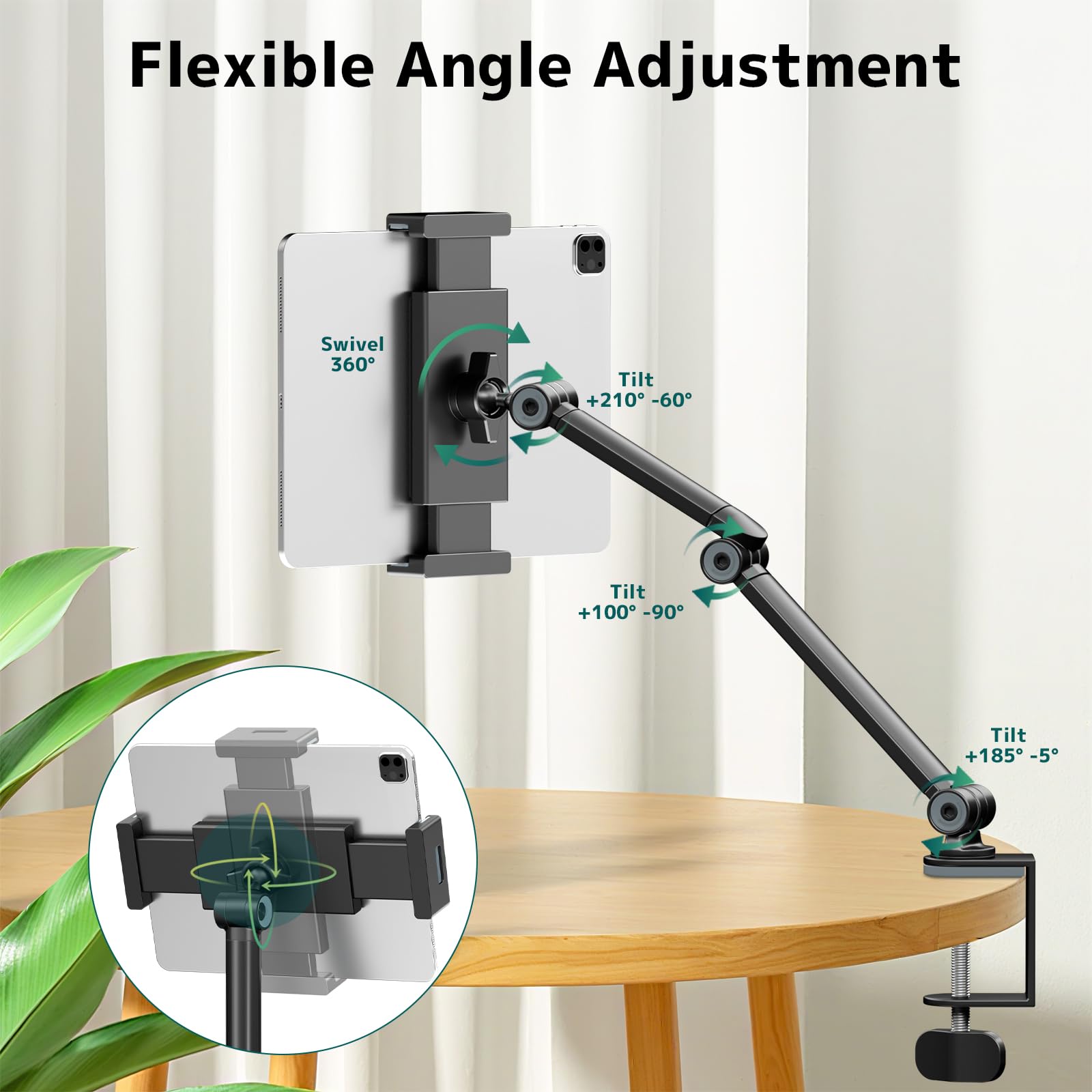 Support de Tablette Réglable 360° - Bras Double Axe Flexible et Hauteur Ajustable - Compatible iPad, Galaxy Tab, Kindle (4.7-12.9") - Noir