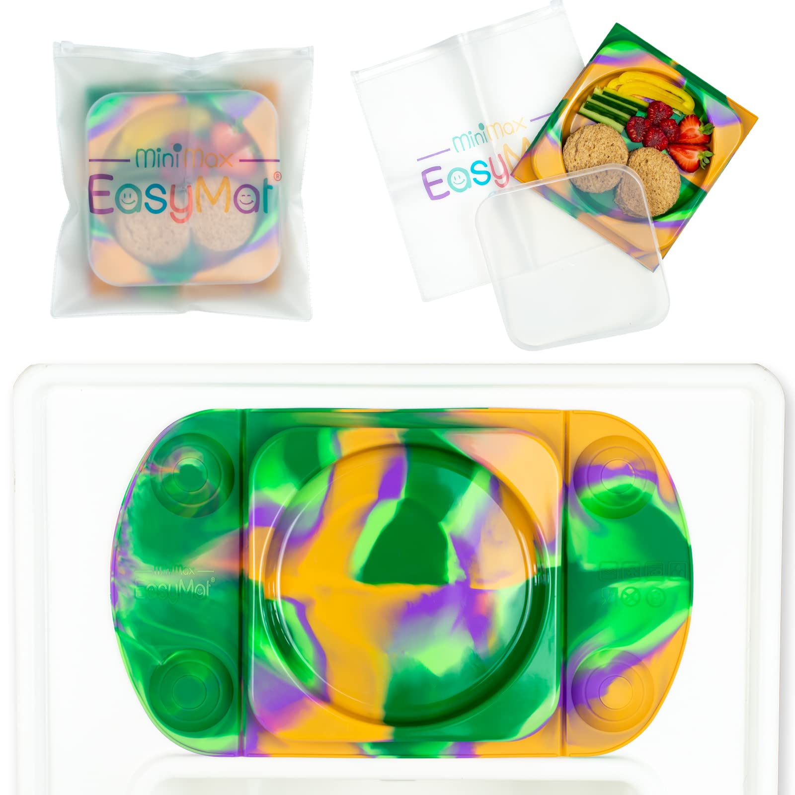 EasyMatMiniMax Silicone Baby Weaning Suction Open Bowl Plate by EasyTots | Strongest 5-Point Suction Feeding Mat with Lid and Carry Case for High Chair Feeding and Travel (Dino)