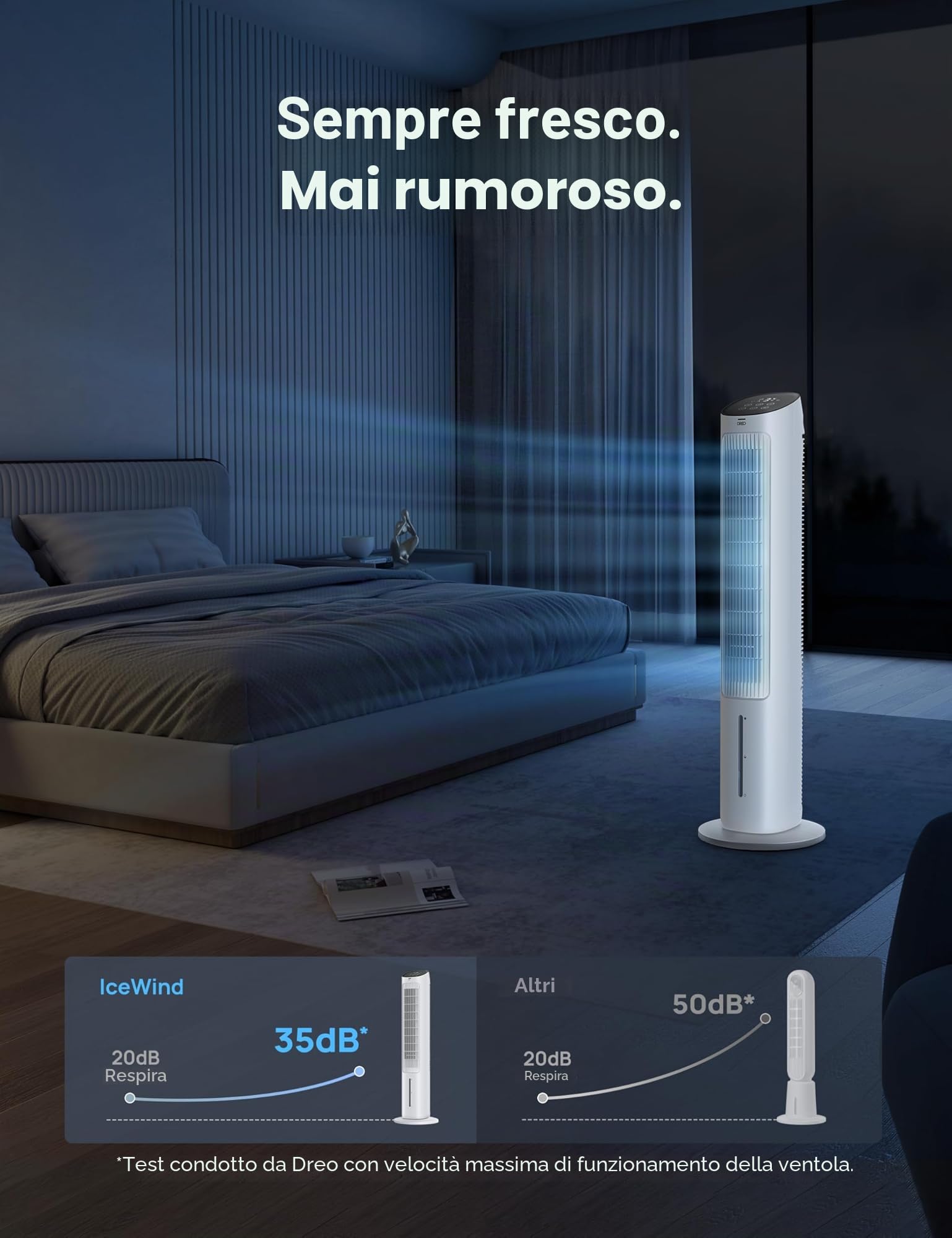 Dreo Ventilatore a torre con raffreddamento silenzioso, ventilatore con raffreddamento ad acqua, 40 pollici, refrigeratore evaporativo con funzione girevole a 80°, 3 modalità, 4 velocità, telecomando