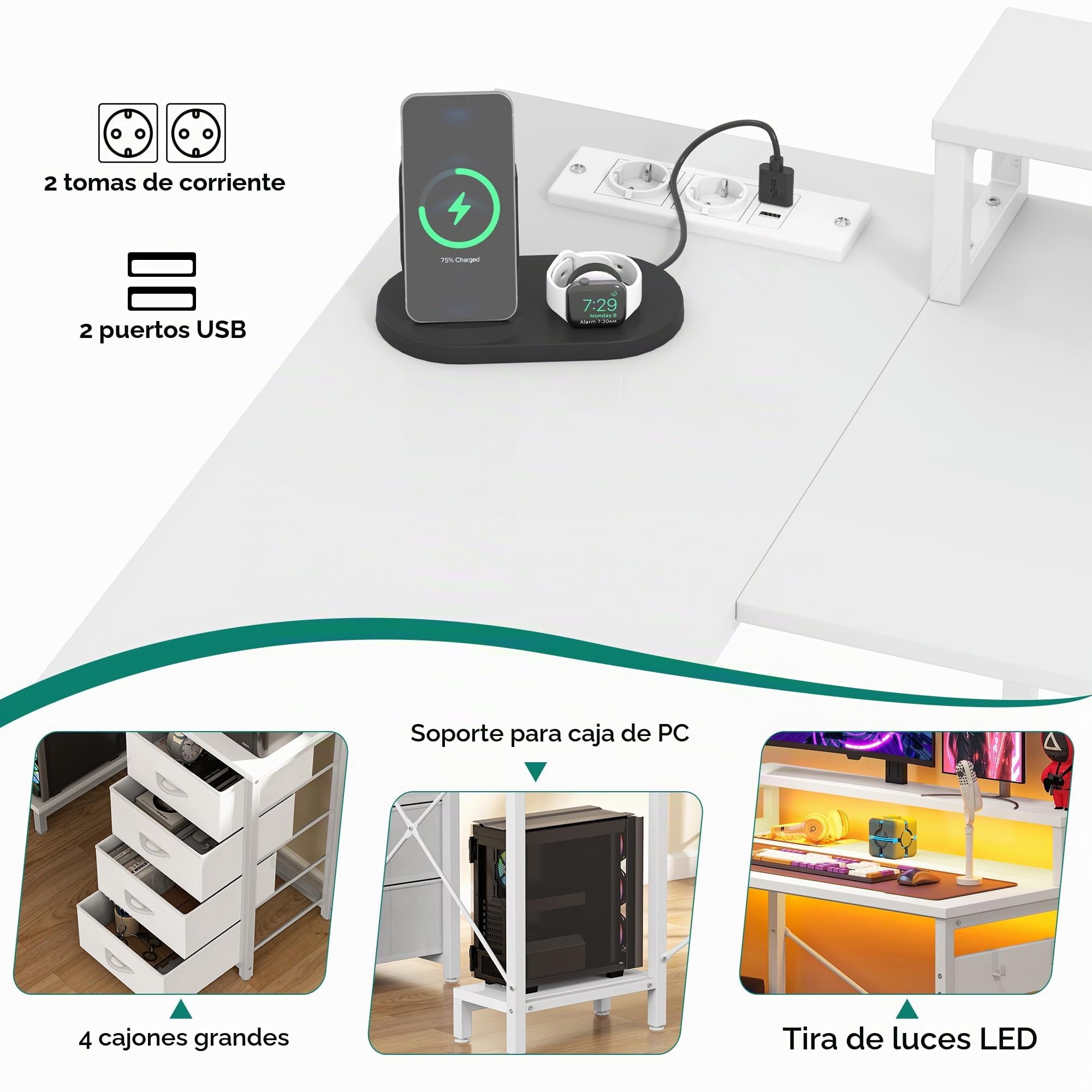 YITAHOME Mesa Escritorio con Estante de Almacenamiento de Bricolaje de 4 Niveles, Escritorio Ordenador con 2 Puertos USB y Enchufes para Oficina, Estudio, Sala de Estar, 130x100x75cm, Blanco