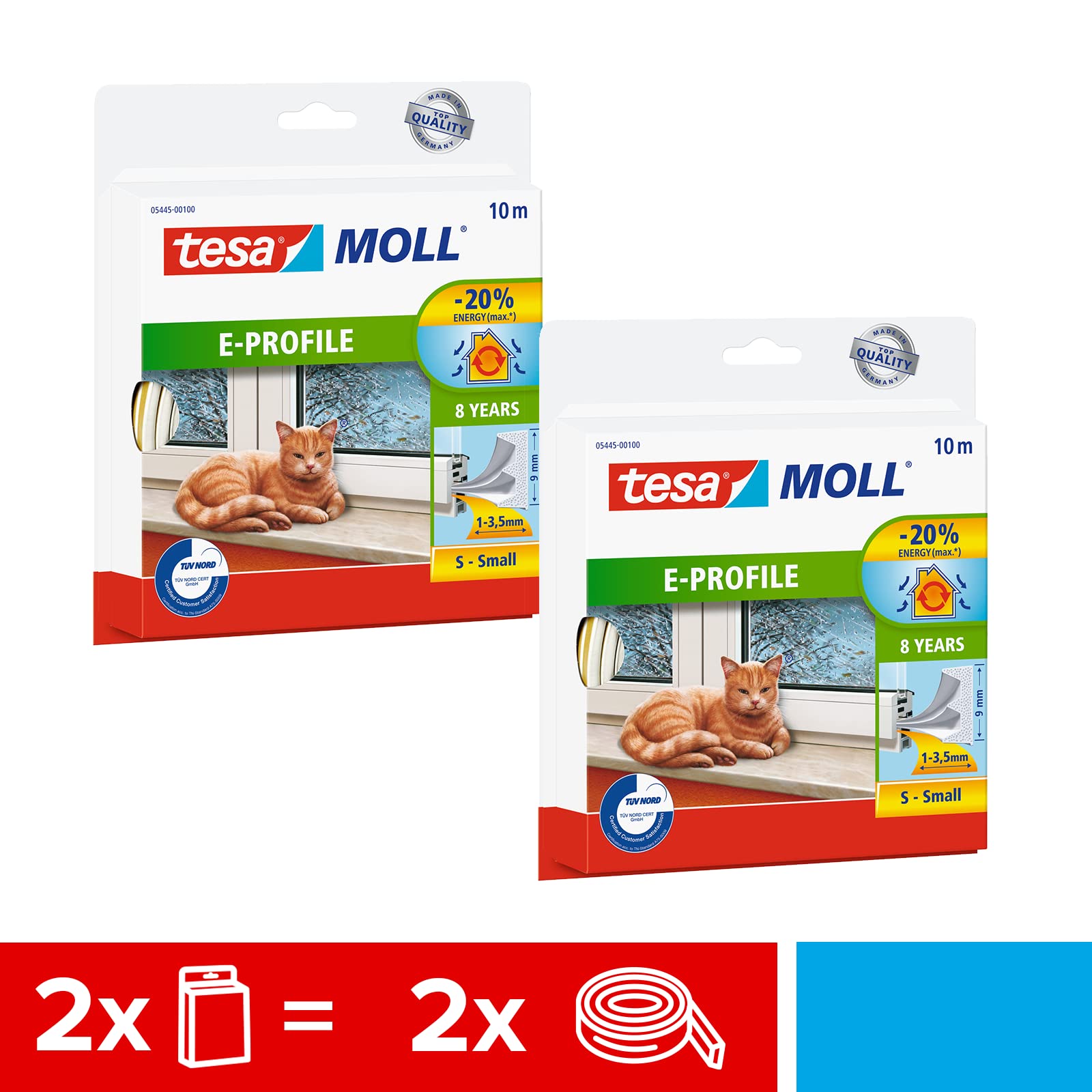 tesamoll Perfil E - Paquete de 2 - Burlete de Caucho Autoadhesivo para Aislar Ventanas y Puertas y Sellar Huecos - Blanco - 2x 10 m x 9 mm x 4 mm