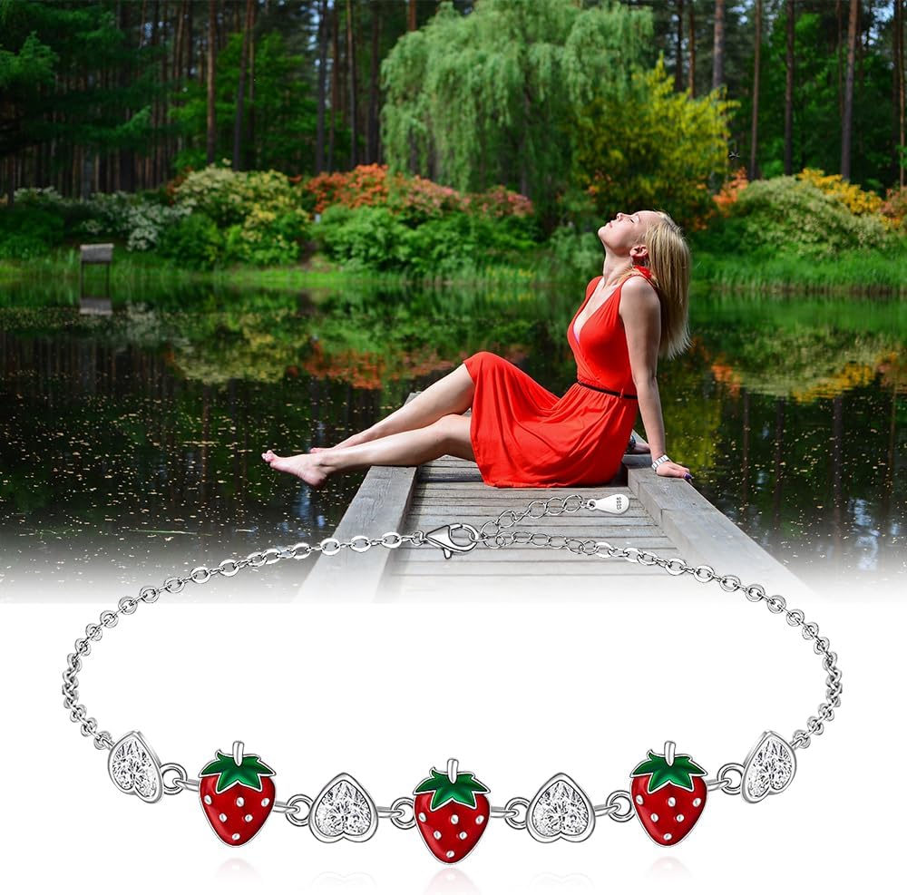 Strawberry Bracelet Red Strawberry Bracelet for Women Sterling Silver Heart Fruit Strawberries Jewelry Gift - Image 5