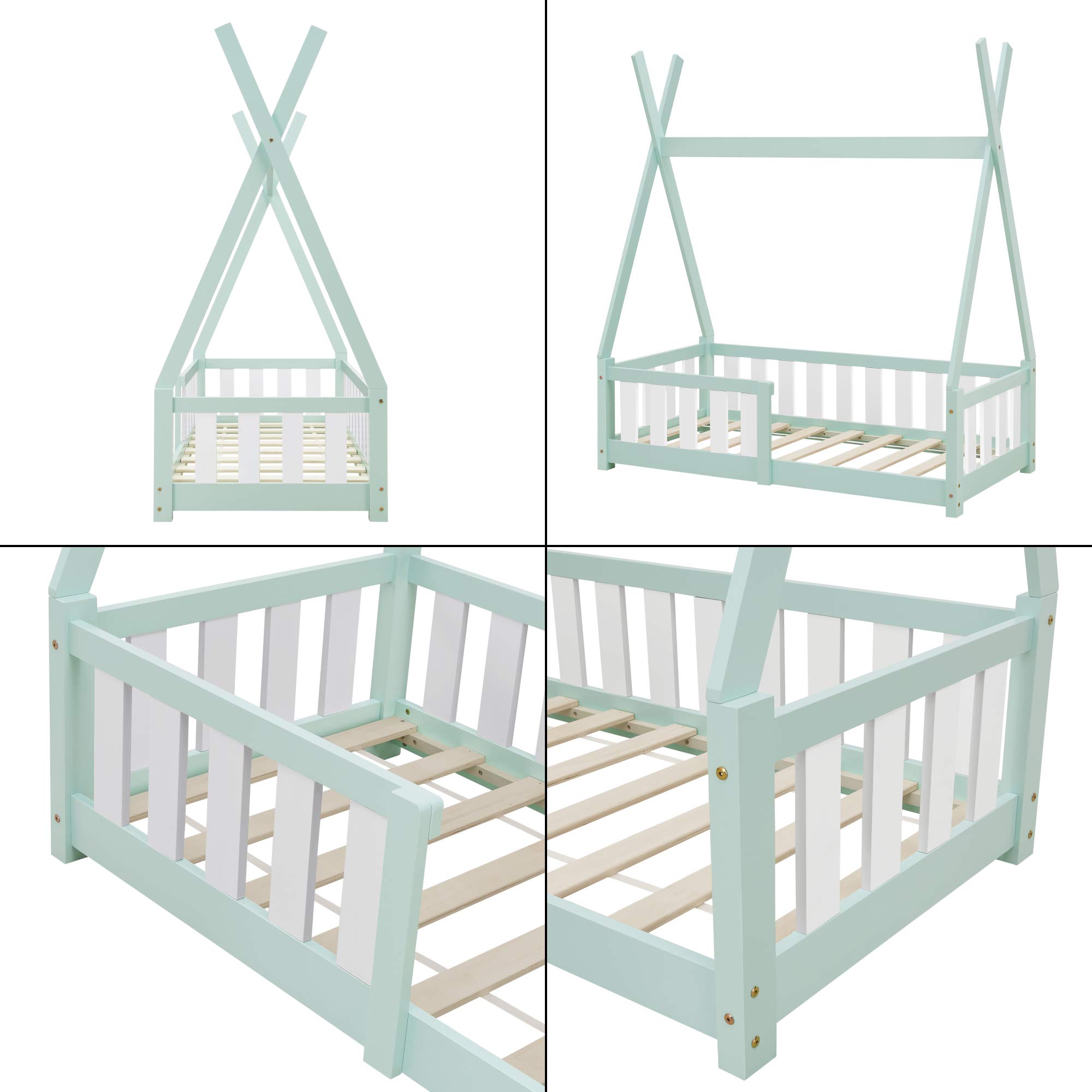 [en.casa] Kinderbett Helsingborg 70 x 140 cm mit Rausfallschutz Lattenrost Tipi Zelt Jugendbett Bettgestell Kiefernholz Holzbett für Kinder Mintgrün