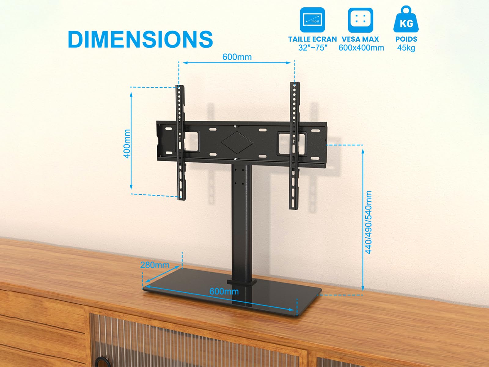 SU-P75XL - Soporte de pie Universal Giratorio para TV de 32 a 75" (80 a 190 cm) LCD/LED/Plasma Altura Ajustable en 3 Niveles con Base de Vidrio Templado de 8 mm - MAX. 45 kg MAX VESA 600 x 400 mm