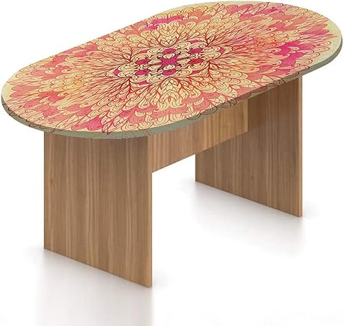 XISUNYA Oval Fitted Patio Tablecloth, Red Mandala Elasticized Polyester Table Cover,Spiritual Fantasy Flower Lively Colors Print Fitted Table Cloth,