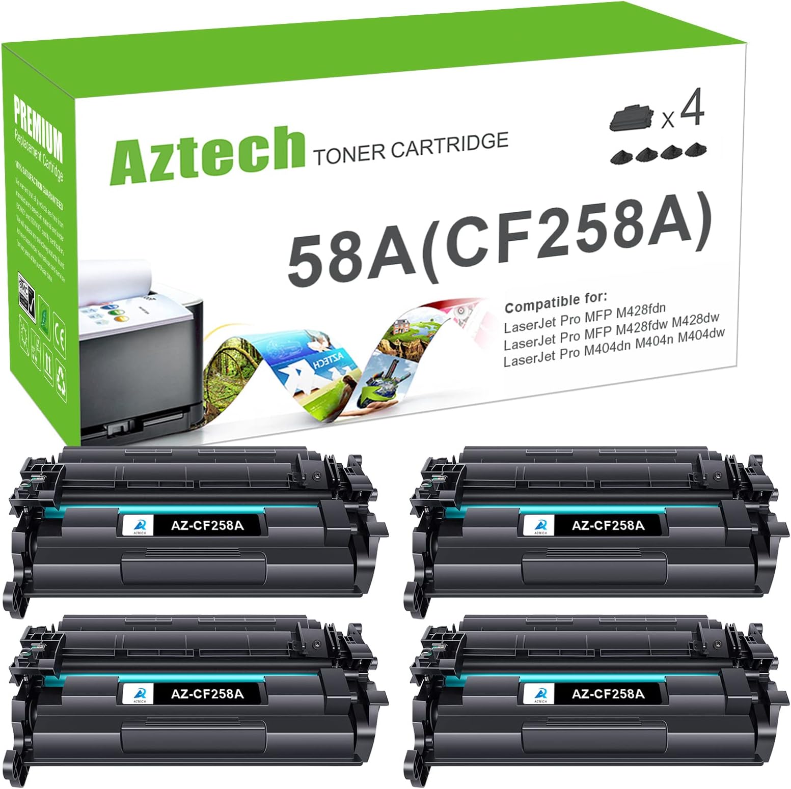 Aztech Compatible Toner Cartridge Replacement for HP 58A CF258A 58X CF258X LaserJet Pro M404n M404dn MFP M428fdw M428dw M428fdn Printer (Black 4-Pack)