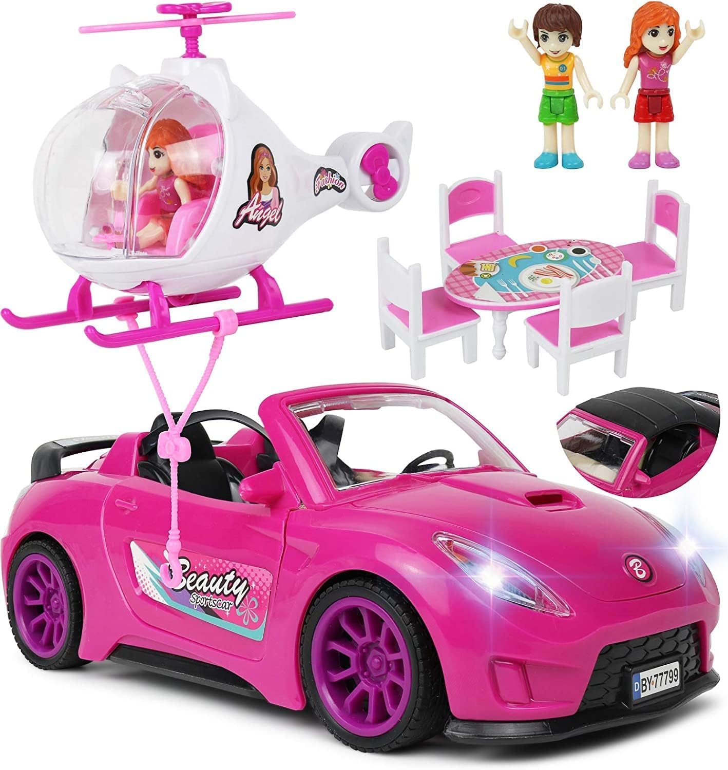 S SGTT PRO Ultimate Doll Adventure Set: Fashion Sport Car & Helicopter Camper Playset with Lights & Sounds, 2 Figurines, Dining Table, Accessories for Girls