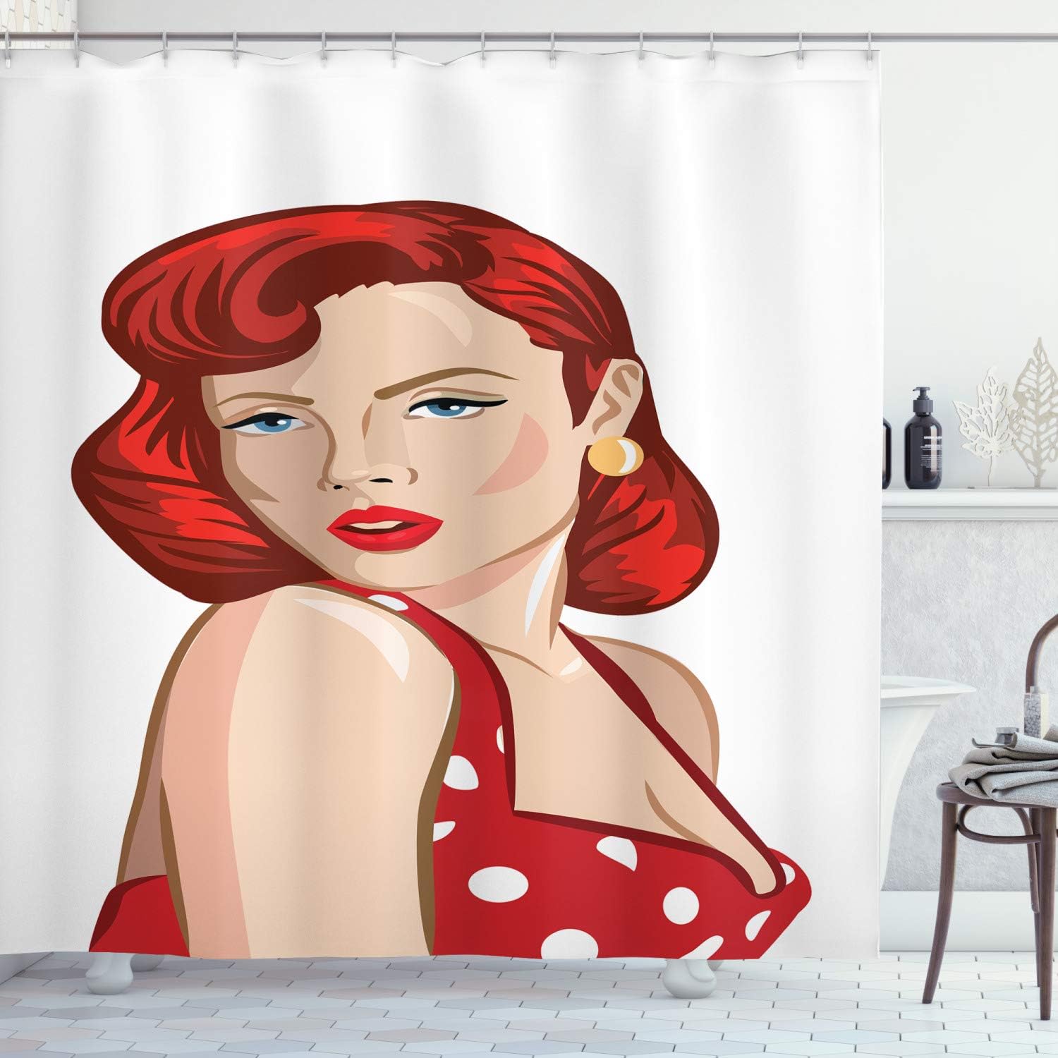 Ambesonne Pin up Girl Shower Curtain, Vintage Portrait of a Ginger Lady with Retro Style Rolled Hair, Cloth Fabric Bathroom Decor Set with Hooks, 69" W x 70" L, Ruby Scarlet