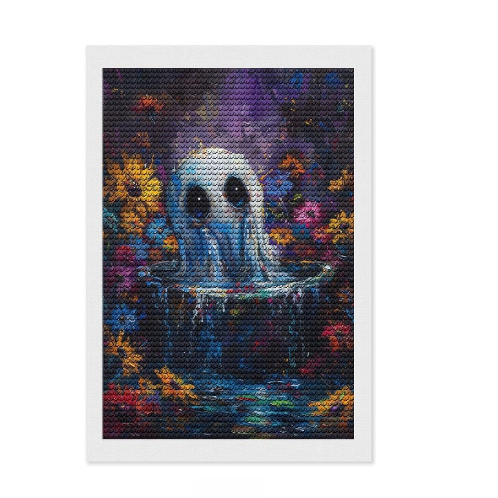 Junmoney Ghost in A Pool of Flowers Diamond Painting Canvas Set 8"x12", Enjoyable At-Home Hobby, Adhesive Canvas, Cosy Home Accent, Christmas Gift