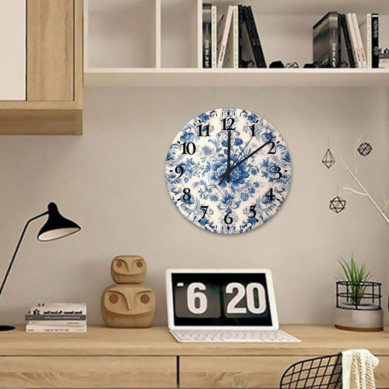 Wood Hanging Wall Clock Non-Ticking Quartz Battery Operated Blue And White Porcelain Floral Country Wall Clocks Russian Folk Cultural Accent Wooden Wall Decor for New Home Garage Indoor 12 inch