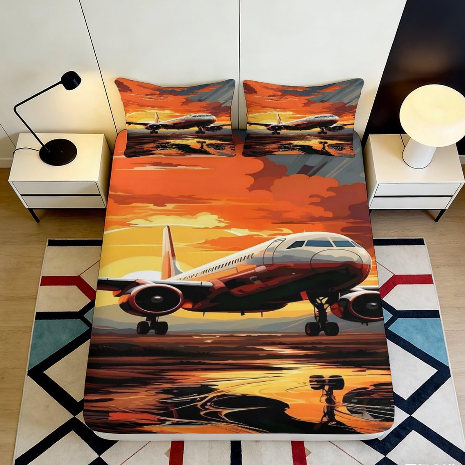 3D Printed Sunset Airplane Fitted Sheet Microfiber Orange Sky Bed Sheet for Bedroom Dorm Mattress Protection Decor 140x200x25cm