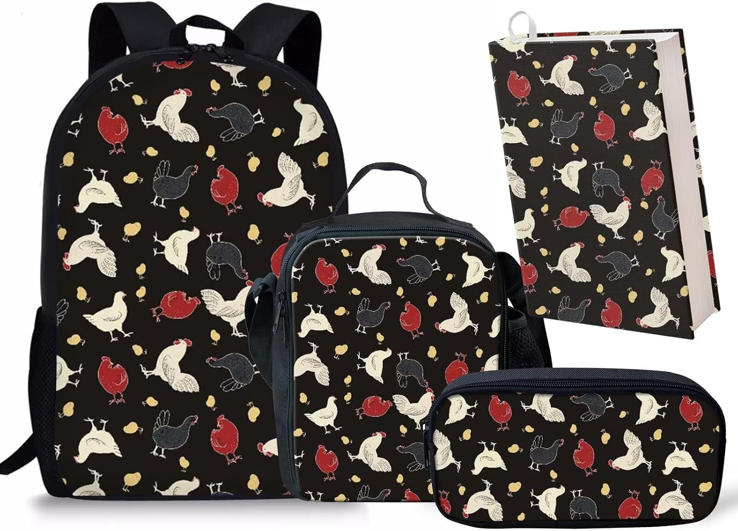 Rnyleeg Kids Primary School Bag Black Chicken Rooster Print Boys Girls School Bookbag Backpacks+Lunch Bag+Pencil Box+Stretchable Book Covers Set