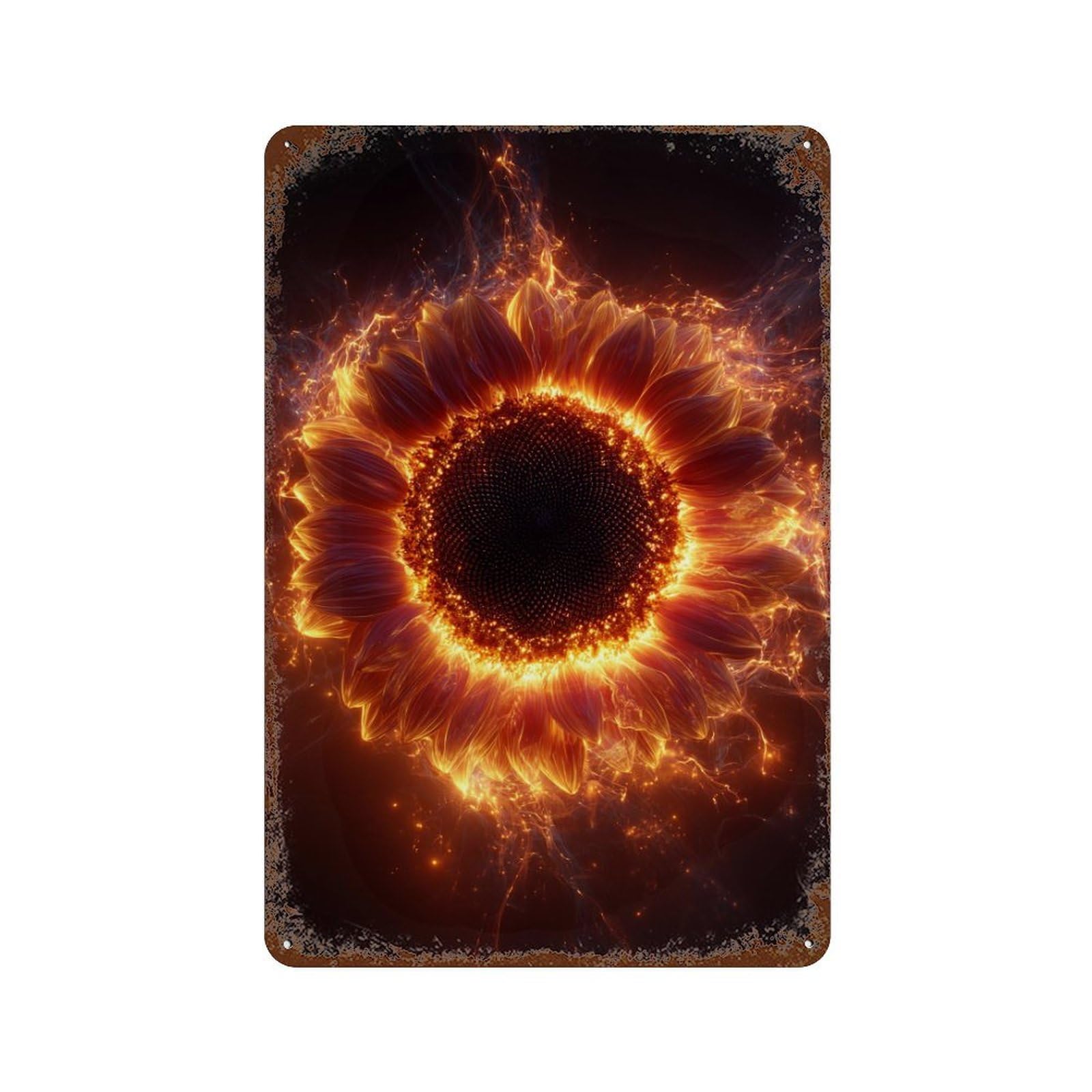 Flaming Sunflower Artwork Vintage Wall Sign 11.8"x7.9", Rust Effect Metal Decor for Garage, Bar And Workshop Decor