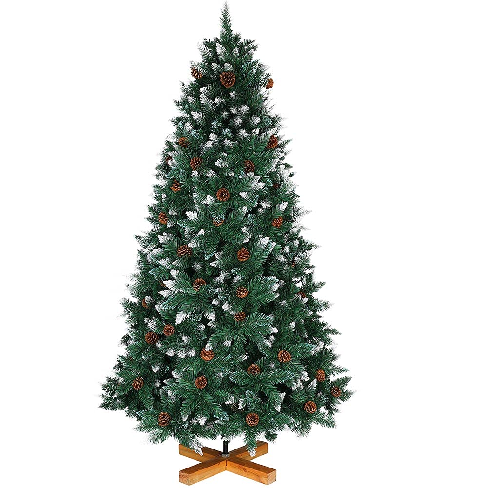 Bakaji King Premium Sapin de Noël touffu, pin Artificiel enneigé avec Pommes de pin, Blanc Naturel, Pointes recouvertes de Neige, matériau PVC,Base en Croix, Hauteur 180 cm, 800 Branches