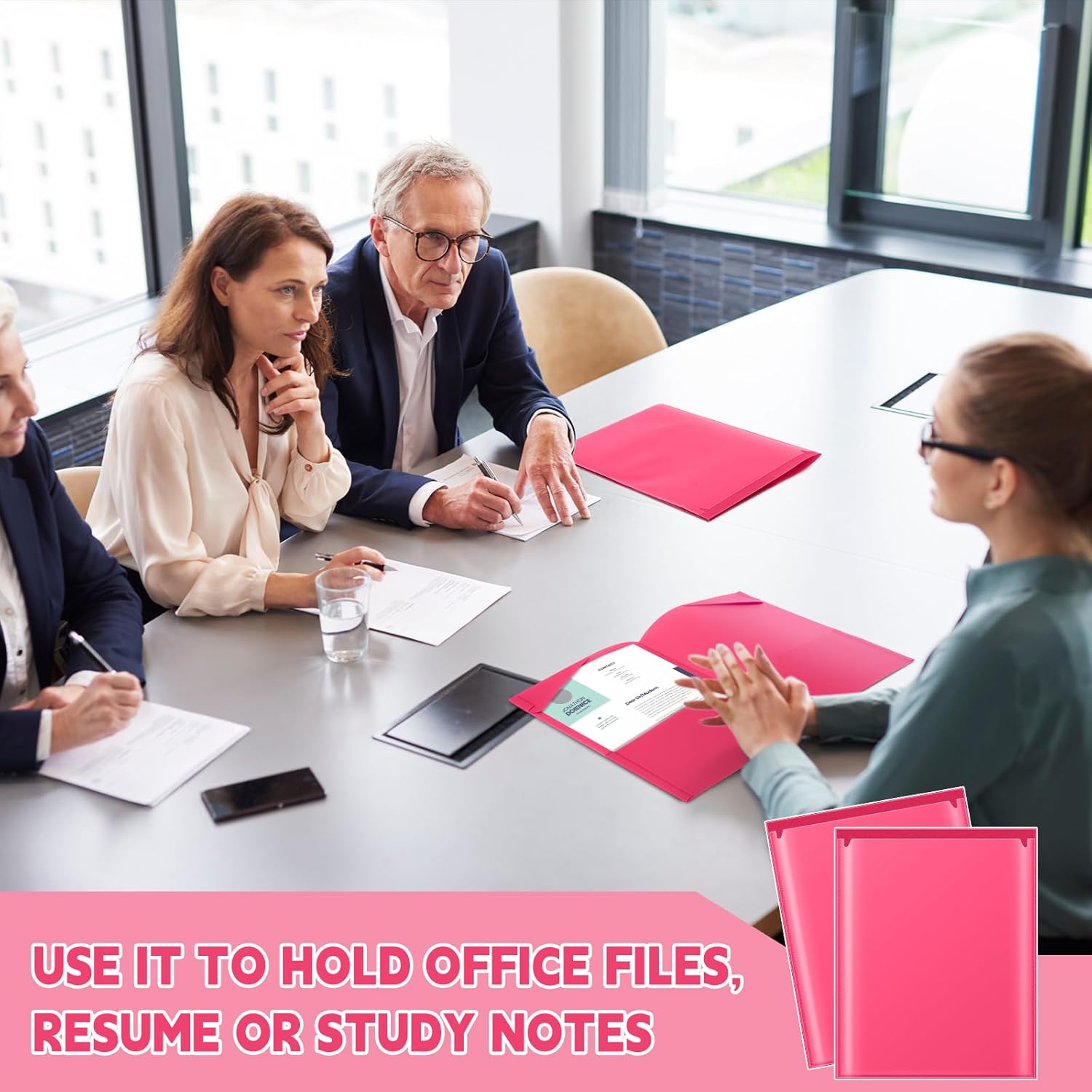 Henoyso 60 Pack Plastic Folders with Clear Front Pockets Heavy Duty File Folders with 2 Pockets and Card Slot for Classroom, School & Office Bulk Supply (Hot Pink)