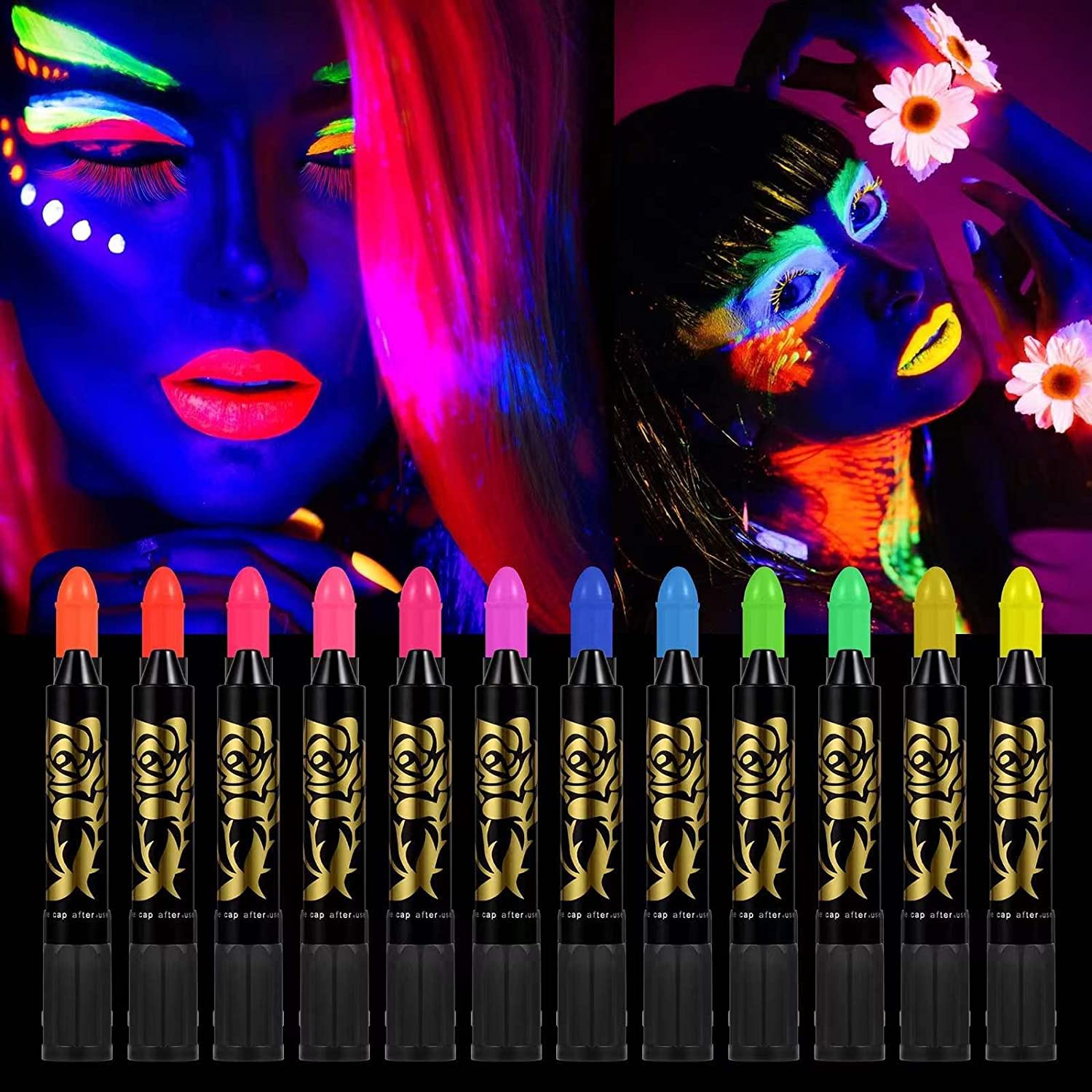 MoonmenGlow in The Dark Paint, 12 Pack Black Light Makeup Neon Face and Body Paint Sticks Markers for Kids Adults, UV Face Paint Crayons Kit for Birthday Party Halloween Masquerade Makeup Outdoor