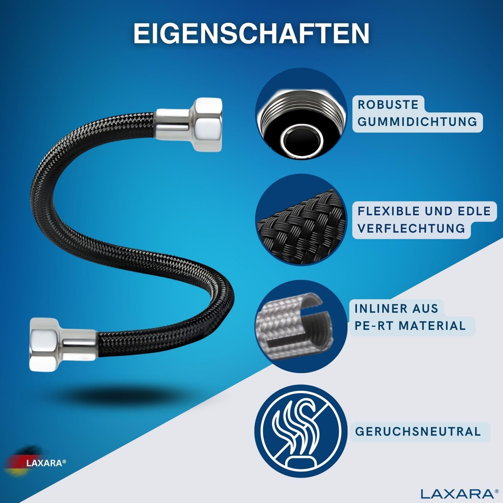 LAXARA DVGW Premium Coloured Flex Hose Black and White 3/8 Inch to 1/2 Inch Nut on Both Sides in Selectable Styles (3/8 Inch Black - Image 3
