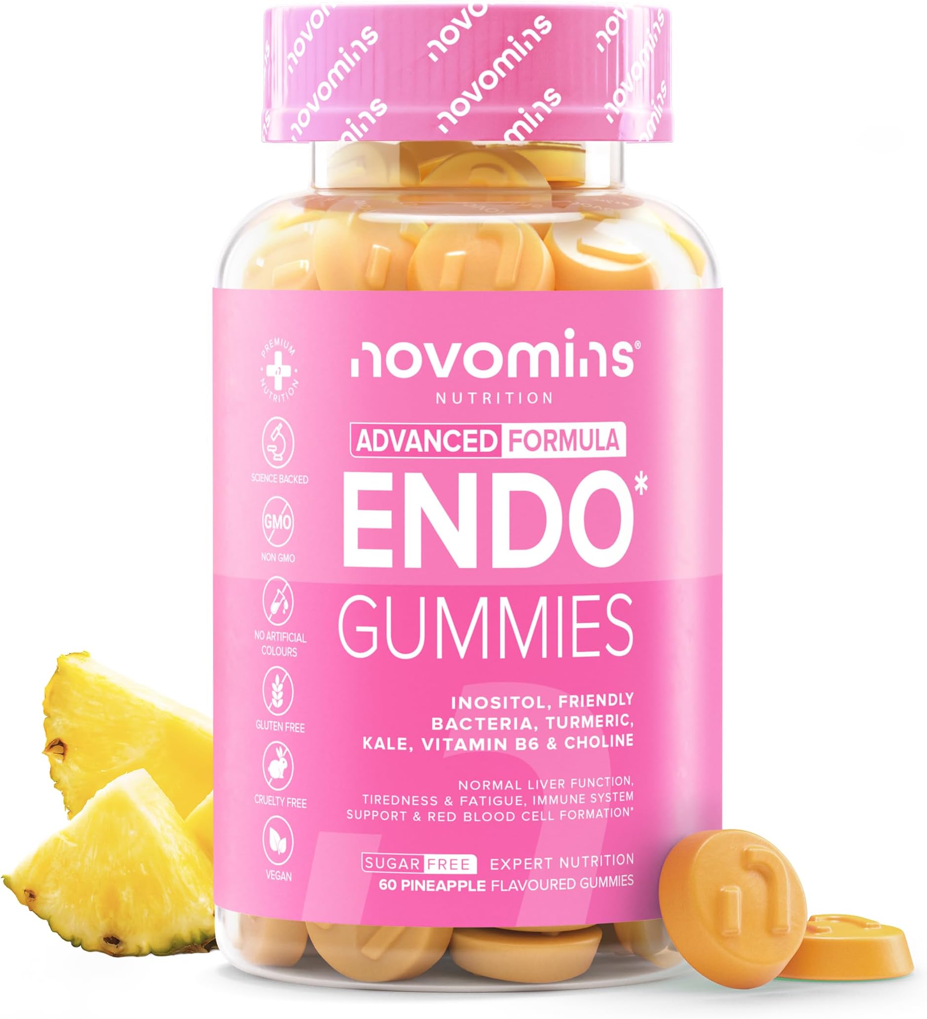 Endo Gummies - Myo-Inositol, Turmeric, Vitamin B6 & Probiotics for Gut Health - Intimate Health & Hormone Balance for Women - 60 Feminine Balance Gummies - Gluten Free - 1-Month Supply - Novomins