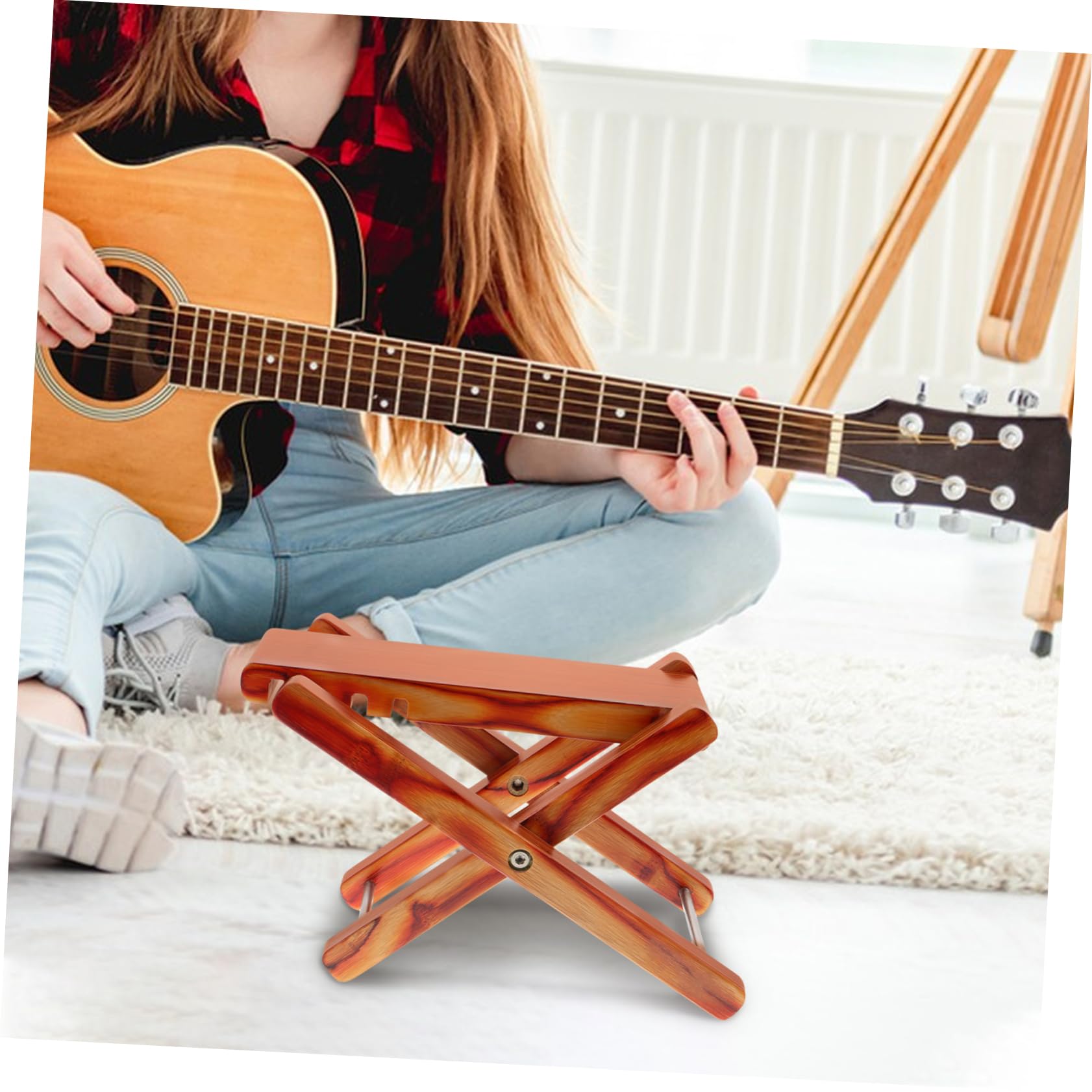 ifundom Poggiapiedi Regolabile per Chitarra in Bambù e Ferro, Pieghevole, 4 Altezze, Antiscivolo, Stabile per Musicisti in Viaggio
