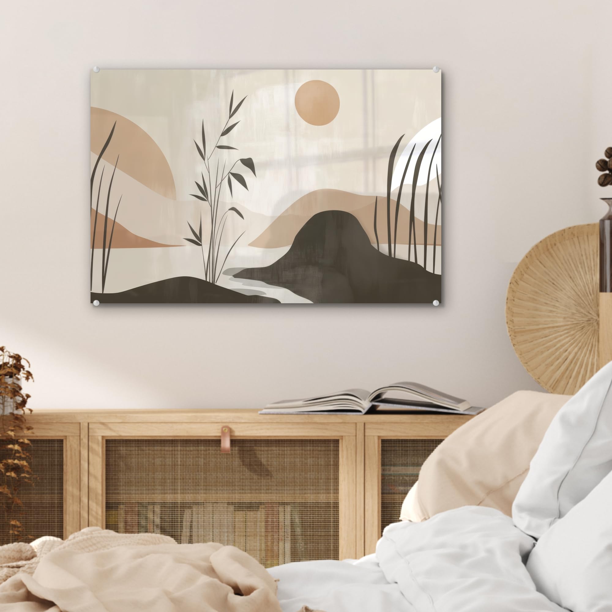 MuchoWow© Cuadro Impreso en Vidrio 60x40 cm Salón Moderno Dormitorio Imagen Elegante Decorativo Living Interior Regalo Japandi - Paisaje - Beige