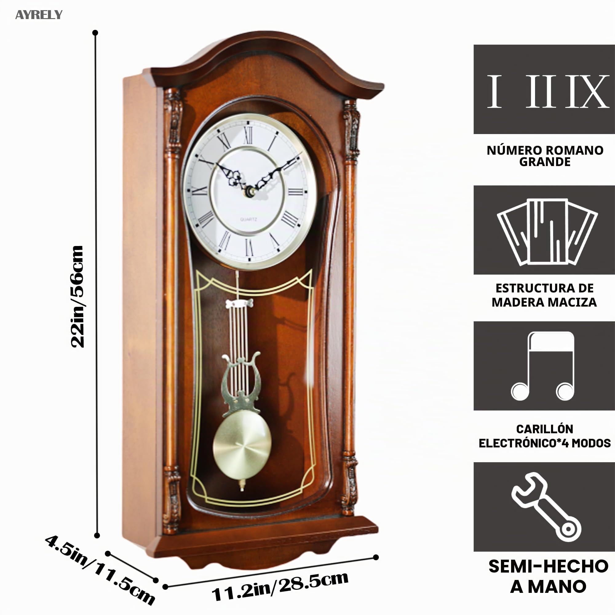 AYRELY® Reloj de pared vintage de abuelo de 22 pulgadas con péndulo y campanilla, timbre de hora/cuarto de hora, marco de madera de caoba, reloj de pared vintage grande para sala de estar, regalo de