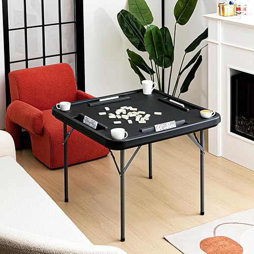 Miniatura 4 de Mesa de juego de dominó de plástico plegable con portavasos y tarjetero, antiarañazos y agua, portátil, mesa de dominó para Mahjong Poker Domino