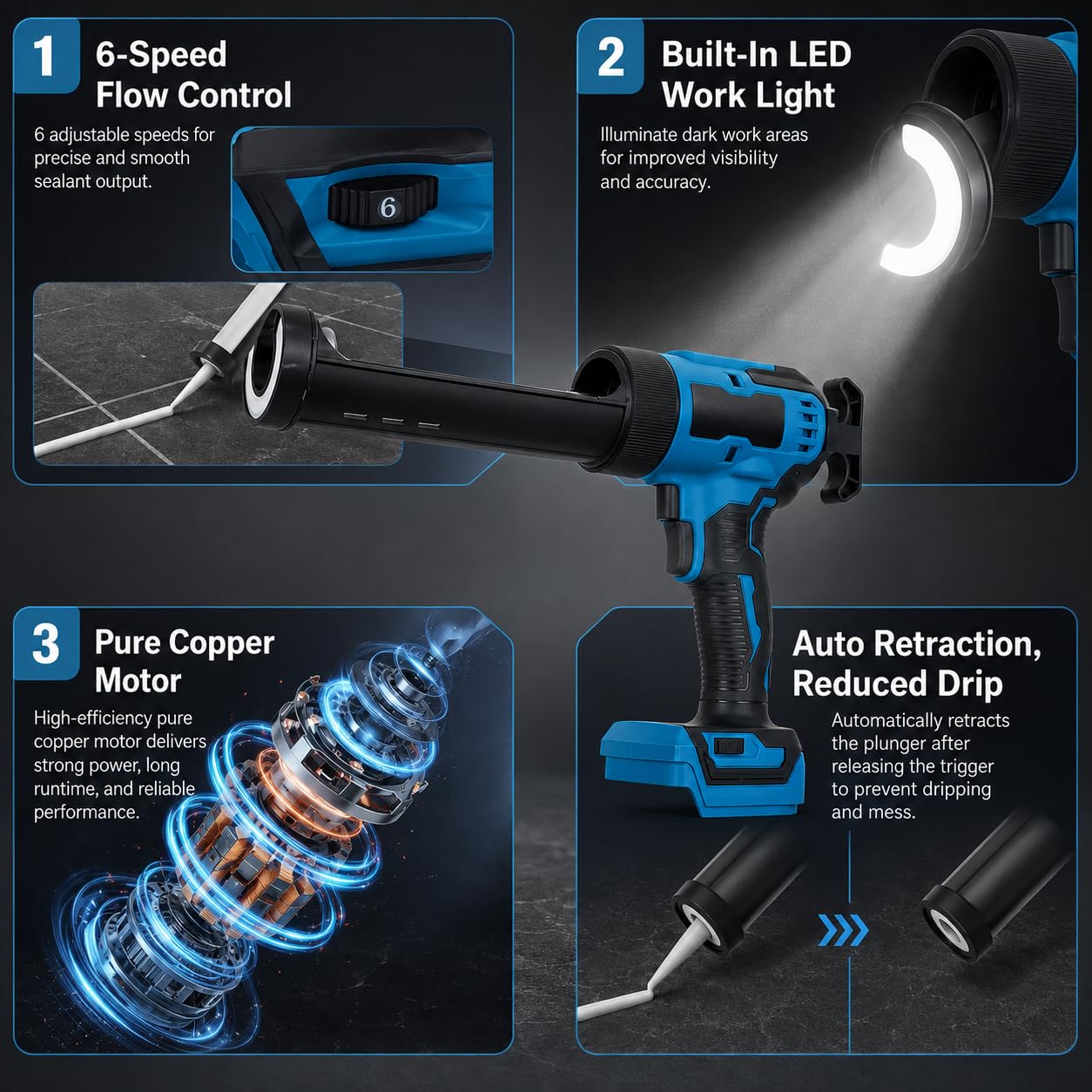 Pistolet à calfeutrer électrique sans fil 6 vitesses pour mastic avec LED