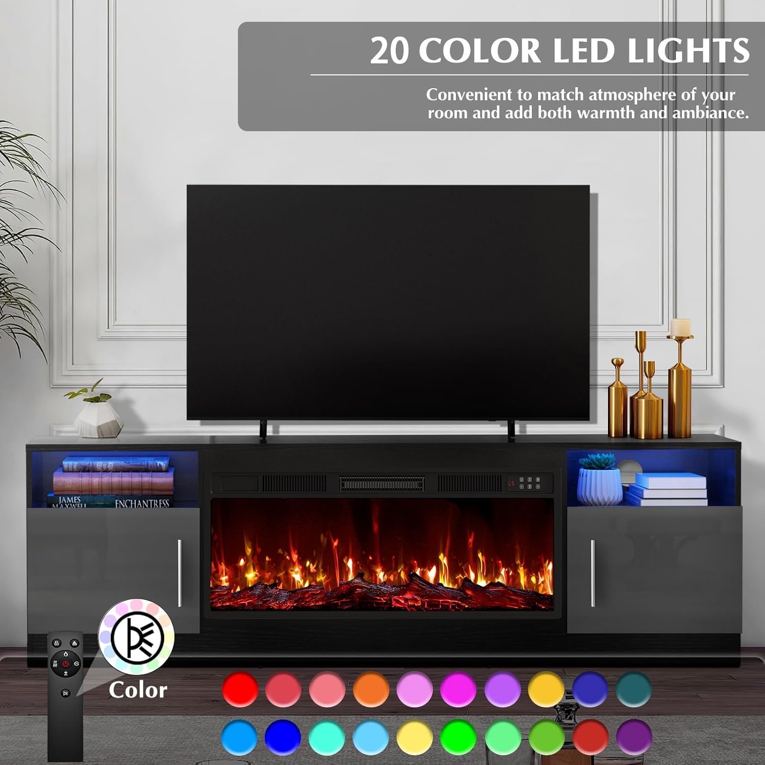 Lemberi Fireplace tv Stand with 36 inch Fireplace Up to 80" TVs,LED Light Entertainment Center and Storage, 70" Modern Wood Media TV Console with Highlight Cabinet for Living Room (Black) thumbnail