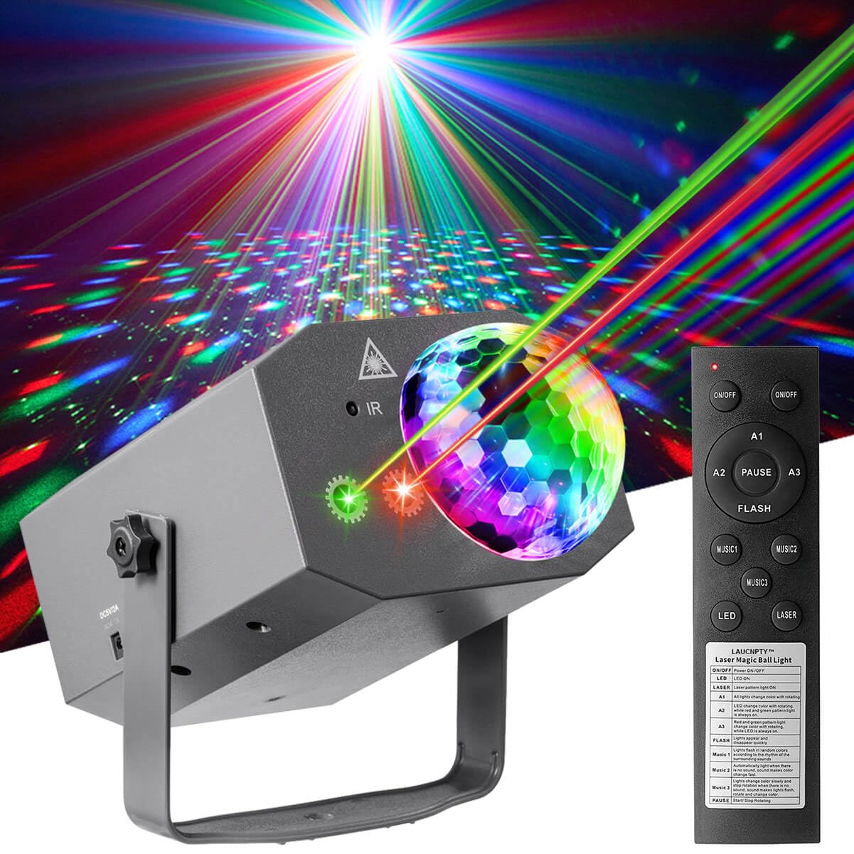 Dj Party Disco Ball Lights with Pattern and Sound Activated, 10 ft USB Cable, Laucnpty LED Stage Strobe Light That Sync with Music, Christmas Rave/Home Karaoke/Dance/Club Bar Lights for Parties