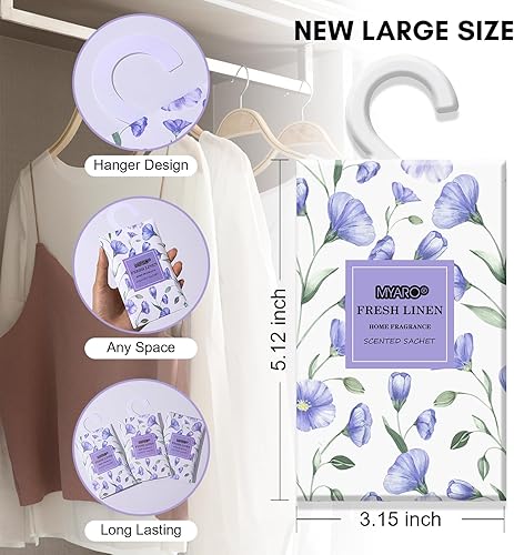 Miniatura 4 de MYARO 12 bolsitas perfumadas de lino grandes para cajón y armario, bolsas de bolsitas de larga duración, ambientadores frescos, bolsas colgantes de