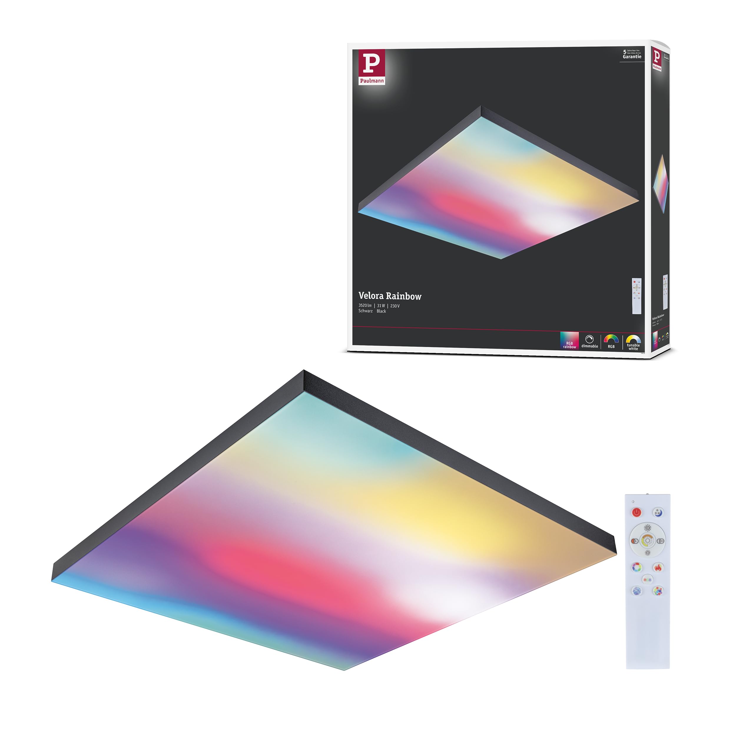 Paulmann 79909 LED panel Velora Rainbow rectangular incl. 1x31W dimmable dynamicRGBW colour control black metal ceiling luminaire 3000K