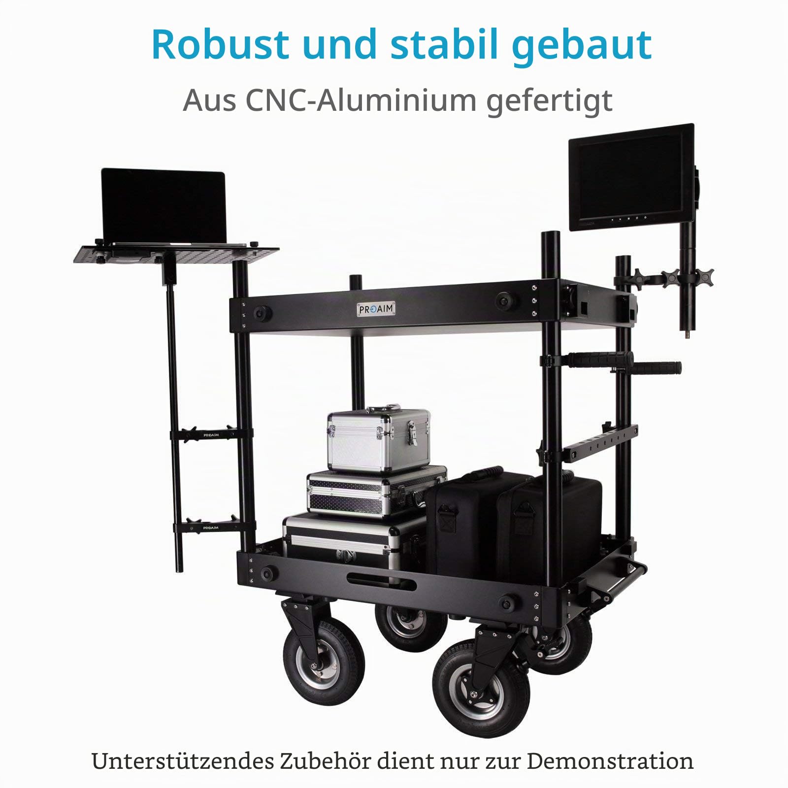 PROAIM Victor V1.1 42" Videoproduktions-Kameratrolley. Fahrzeugbelastbarkeit bis 200 kg/440,9 lb - höhenverstellbar und mit Rad. Mit Feststellfunktion an der Drehachse (VCTR-V1-42) | CNC Aluminium und Edelstahl; Luftreifen 9" Räder, 22" Lenkstange, integr